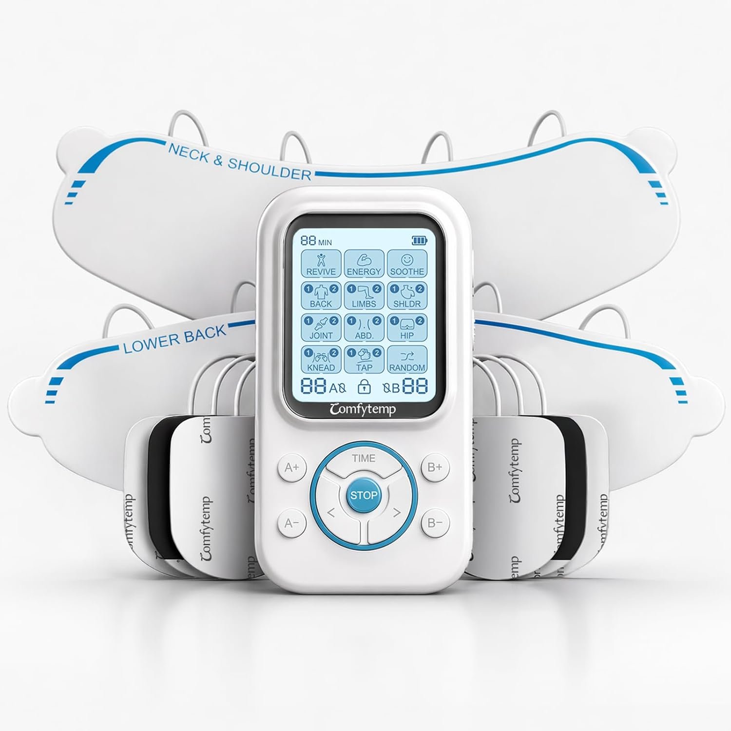 Comfytemp TENS Unit with Specialized Pads for Lower Back & Neck Shoulder Pain Relief, Easy-to-Use TENS Unit Muscle Stimulator with Large Display, Portable Dual Channel TENS Machine with Carrying Case
