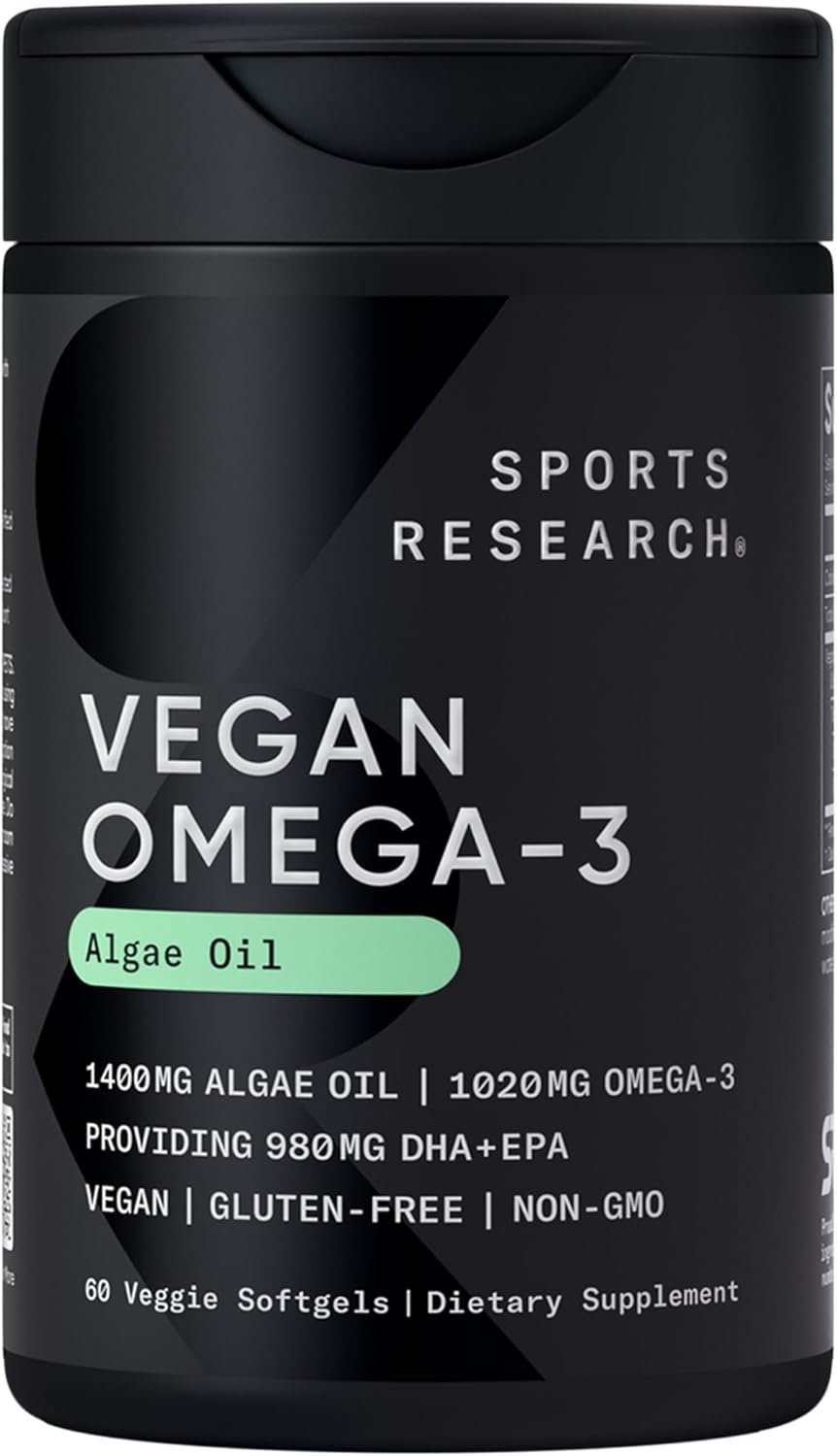 Sports Research® Vegan Omega-3 Algae Oil 1040mg, 60 Count Plantgels™ | Triglyceride Form EPA & DHA – Vegan, Non-GMO, Carrageenan-Free Softgel