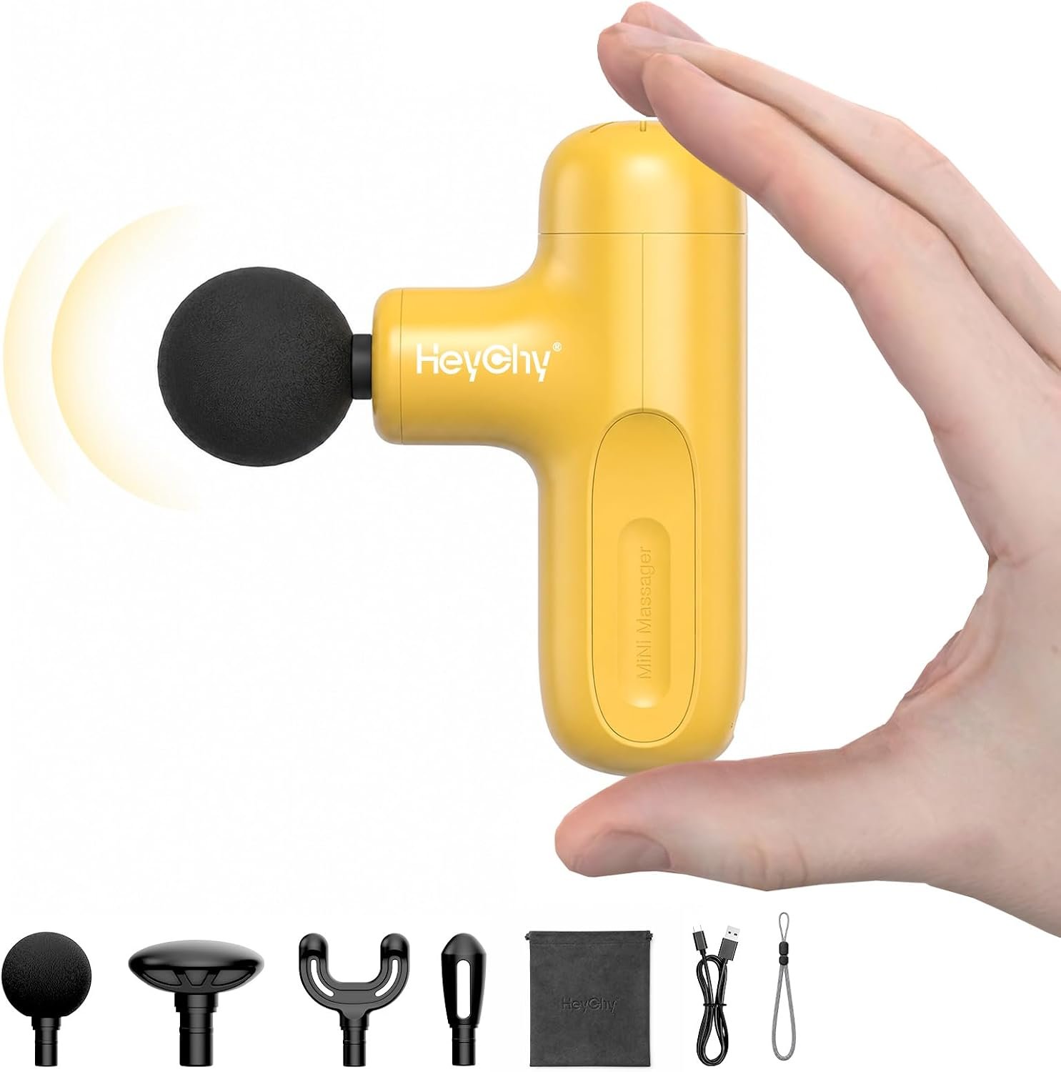 Super Mini Massage Gun Deep Tissue Portable Muscle Massager, Yellow | 4 Heads Men Women Body Relief, Back Neck Legs, Quiet Operation Home Gym Office Travel, FSA Eligible HSA