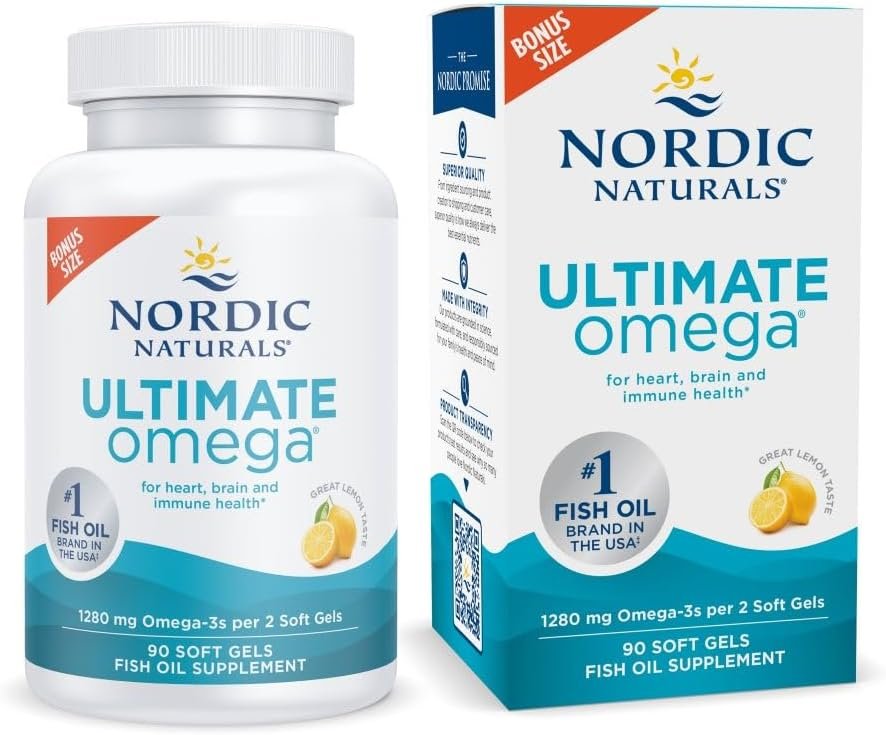 Nordic Naturals Ultimate Omega, Lemon Flavor – 90 Soft Gels – 1280 mg Omega-3 – High-Potency Omega-3 Fish Oil Supplement with EPA & DHA – Promotes Brain & Heart Health – Non-GMO – 45 Servings | High-potency Omega-3 Fish Oil with EPA & DHA supports brain & heart health. Non-GMO, burpless formula. 45 servings.