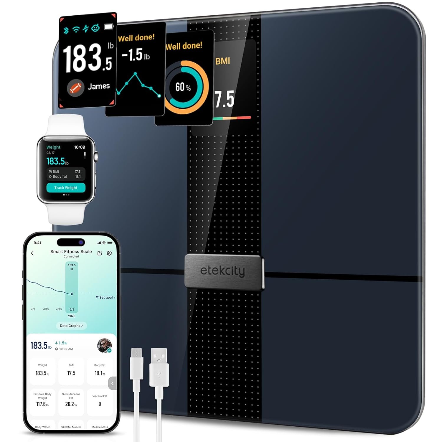 Etekcity Smart Scale for Body Weight and Fat, BMI, FSA Eligible, Black | HSA Eligible, Digital Scale for BMI, Muscle Mass and Body Composition, with Apple Health, TFT Display, Tempered Glass
