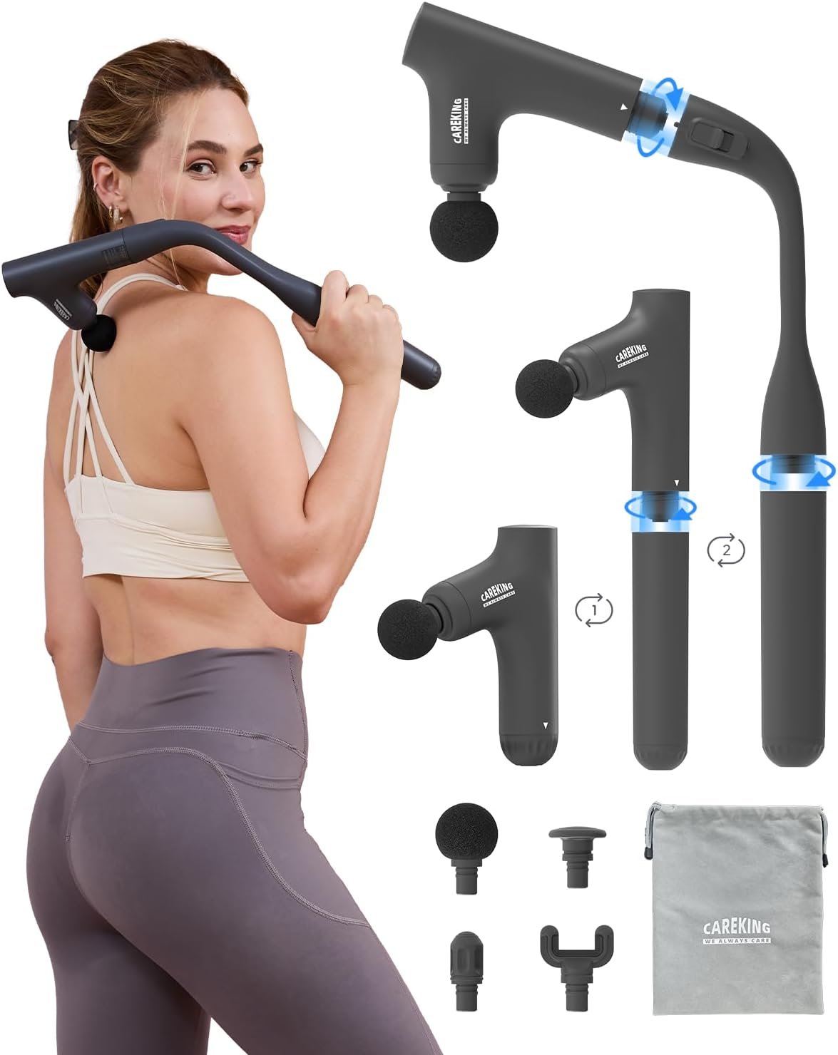 3-in-1 Detachable Massage Gun Deep Tissue with Extension Long Handle | Self back massage, back massager for pain relief, 3 handle styles, muscle massager for shoulder, neck, FSA-HSA eligible