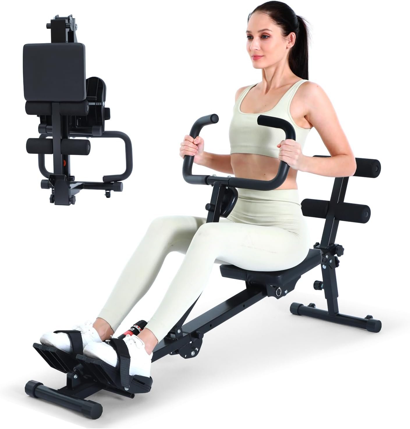 Sportneer Foldable Hydraulic Rowing Machine, 12-Level Home Gym Rower, Black | Multi Functional Row Machine with Transport Casters, Backrest, and 297lbs Max Weight Load