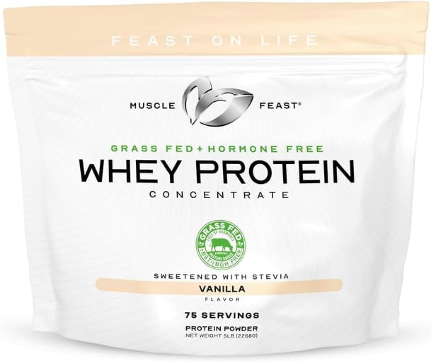 Muscle Feast Grass-Fed Whey Protein Concentrate Powder, Vanilla (5lb) | All Natural, Hormone Free Pasture Raised Whey Protein Powder for Women & Men, Clean, Non-GMO, Delicious Whey Concentrate