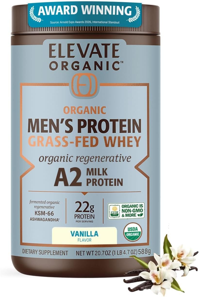 Men’s Grass-Fed A2 Regenerative Whey Protein Powder, Vanilla, 22g Protein | A2 Milk Protein, KSM-66 Ashwagandha, Acti Veda™, Reduce Cortisol, Enhance testosterone, Boost energy, BCAAs, Improve Strength