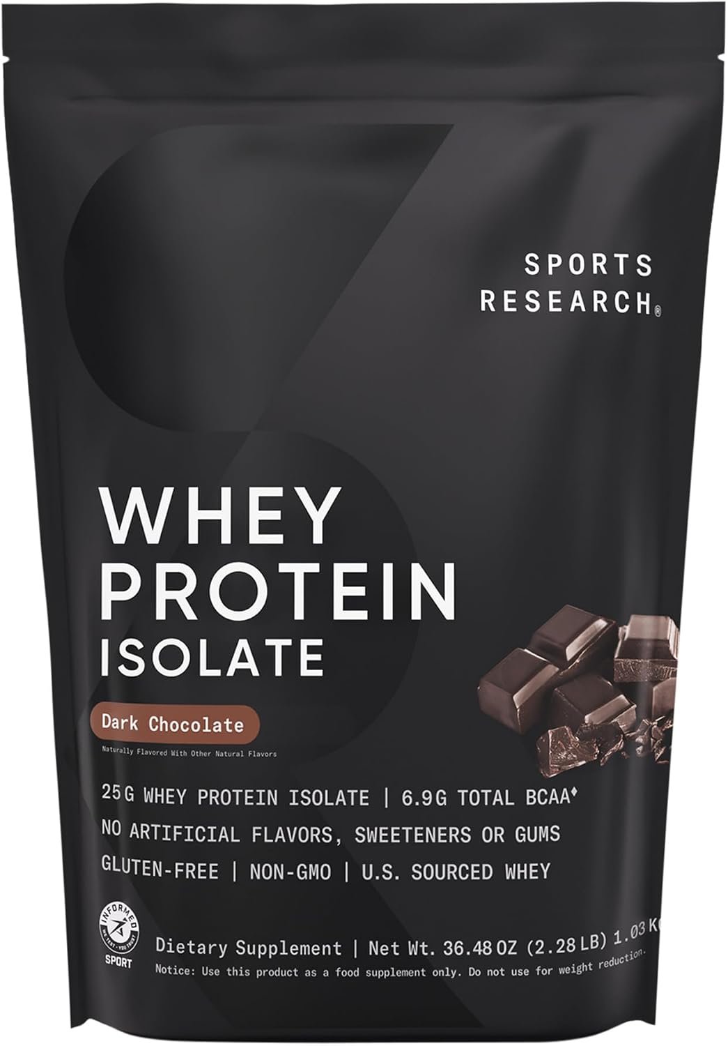 Sports Research® Whey Protein Isolate Powder, Dark Chocolate (2lb Bag) | 25g U.S. Grass-Fed Protein per Scoop | Essential Amino Acids & BCAA’s | No Artificial Flavors or Gums,
