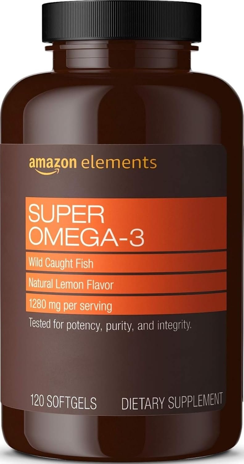 Amazon Elements Super Omega-3, Wild-Caught Fish Oil, Natural Lemon Flavor, EPA & DHA Omega-3 Fatty Acids, 1280 mg per Serving, 120 Softgels (Packaging may vary)
