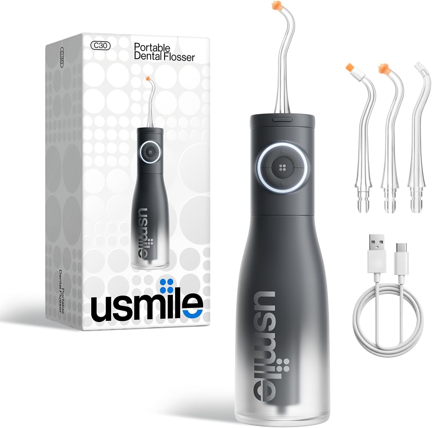 usmile C30 Cordless Water Flosser, 300ml Tank, 5 Modes, IPX7, Black | S-Shaped Nozzle, USB-C Rechargeable Portable Oral Irrigator for Braces, Sensitive Gums, Teeth Cleaner, Home & Travel