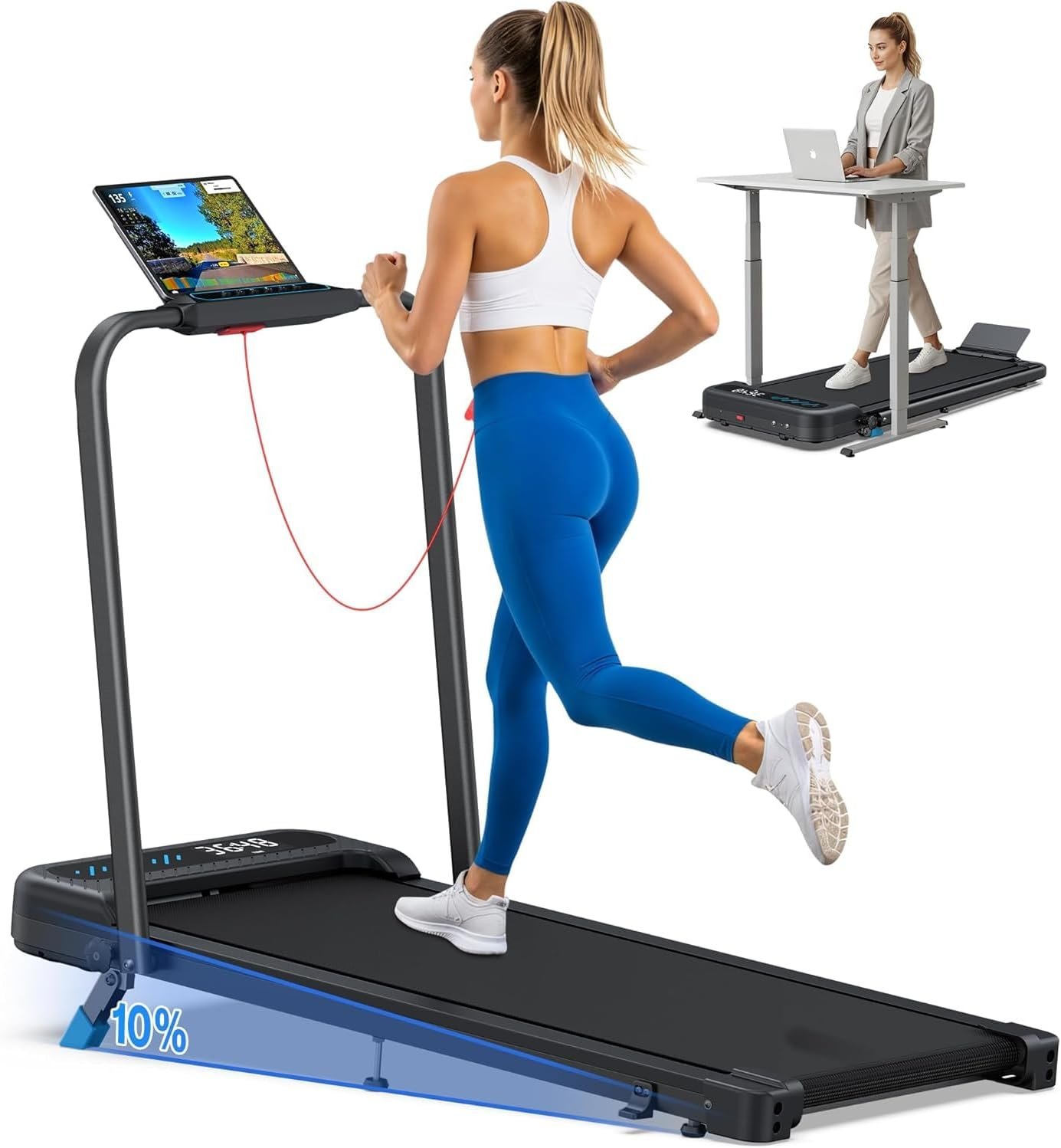 Cardirun Walking Pad with 10% Incline and Handle Bar, Foldable Treadmill | 350 lbs Capacity, 3.0 HP Quiet Under Desk Treadmills for Home & Office, Compact Treadmill with APP, LED Display, Space-Saving