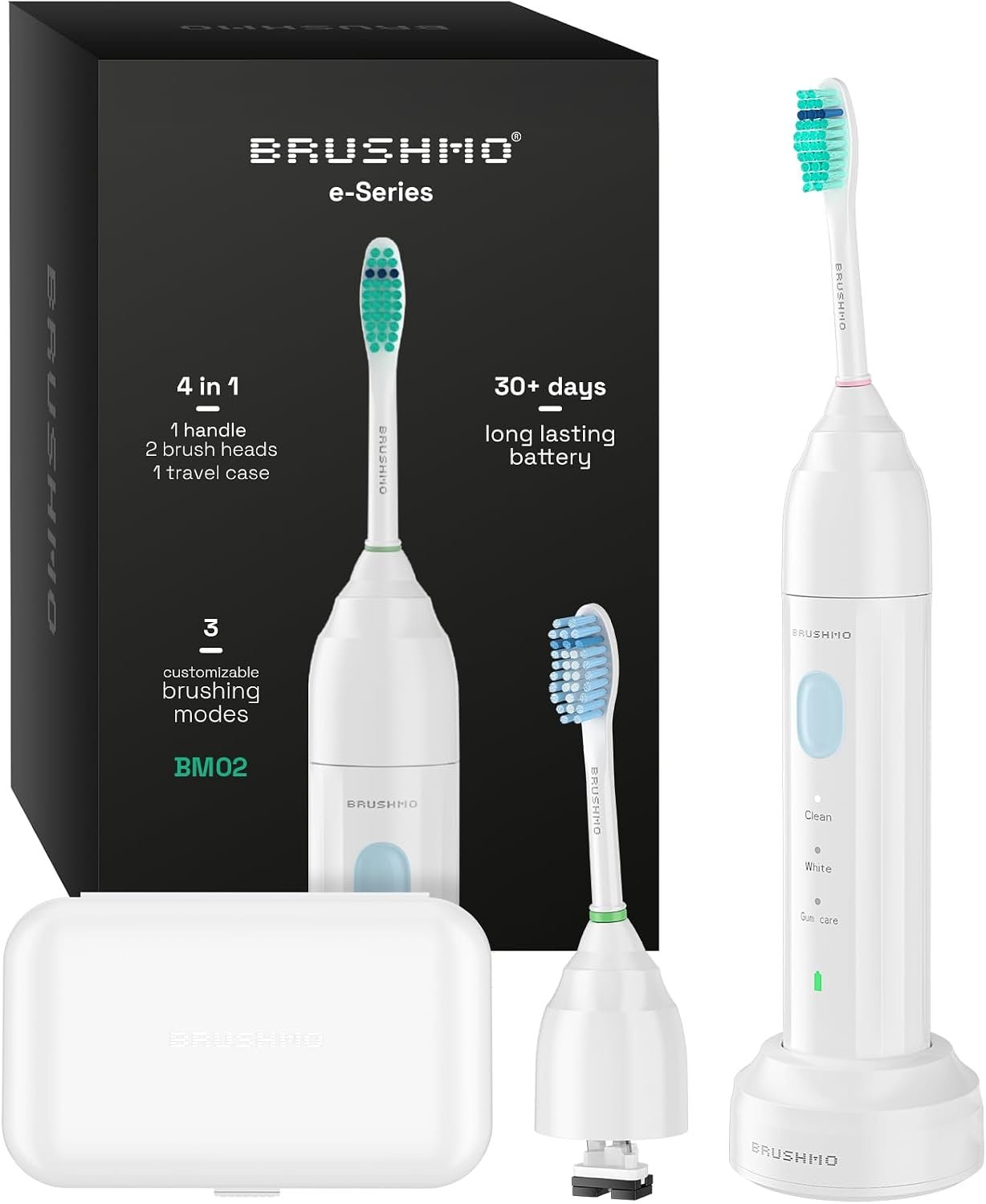 Brushmo E-Series Electric Sonic Toothbrush – Rechargeable Screw-On Electronic Tooth Brush for Adults with 3 Modes, Travel Case & Timer IPX7 Waterproof, 30 Days Lasting & Wireless Charging Base, White