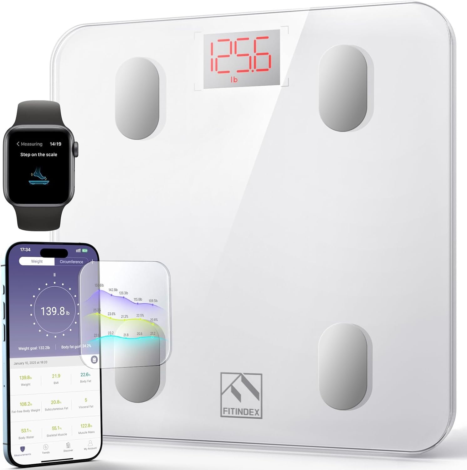 FITINDEX Smart Scale for Body Weight, BMI & Body Fat, 13 Metrics, Bluetooth | Digital Bathroom Weighing Scale with with BMI, Body Fat, Muscle Mass, Accurate for Weight Loss, 400lbs,FSA Eligible HSA