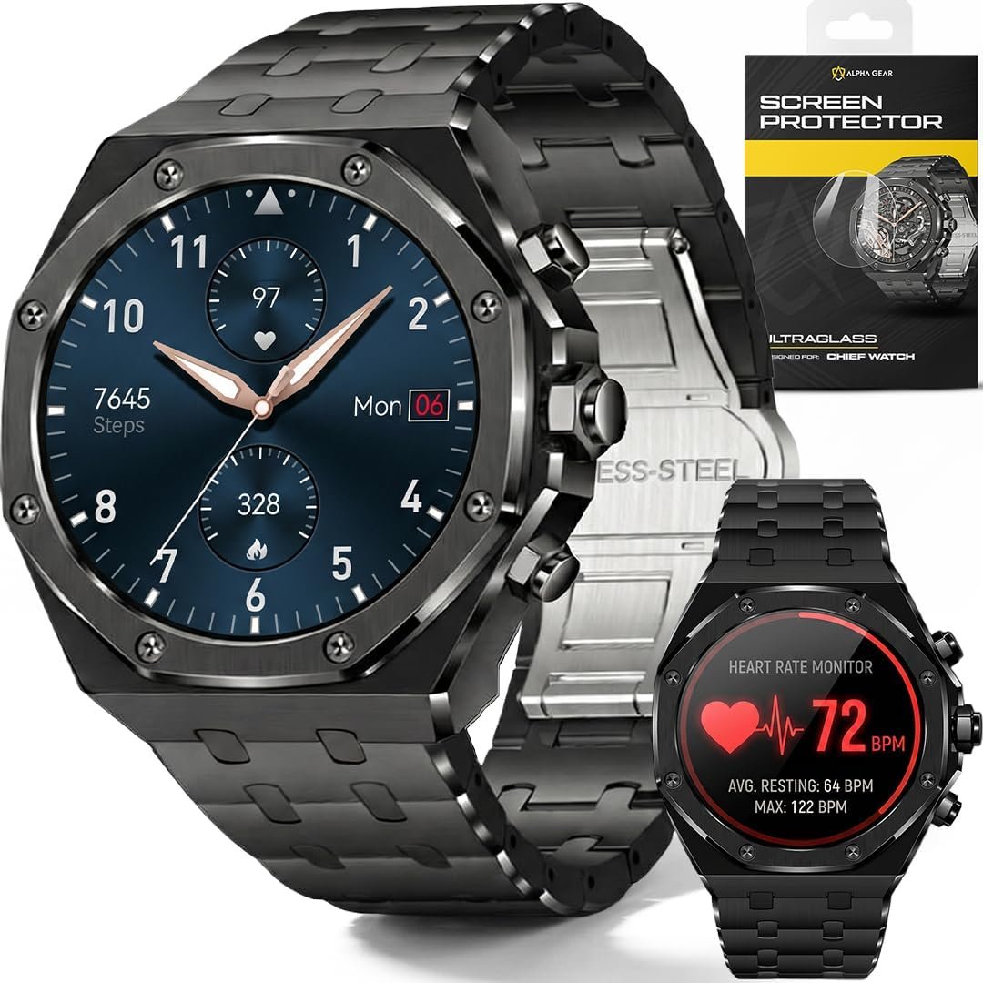 ALPHAGEAR Chief Smartwatch for Men, Premium Hex Bezel Metal Smart Watch 14-Day Battery, AMOLED Display, Bluetooth Calling, Stainless Steel, Water Resistant (Dark Gray)