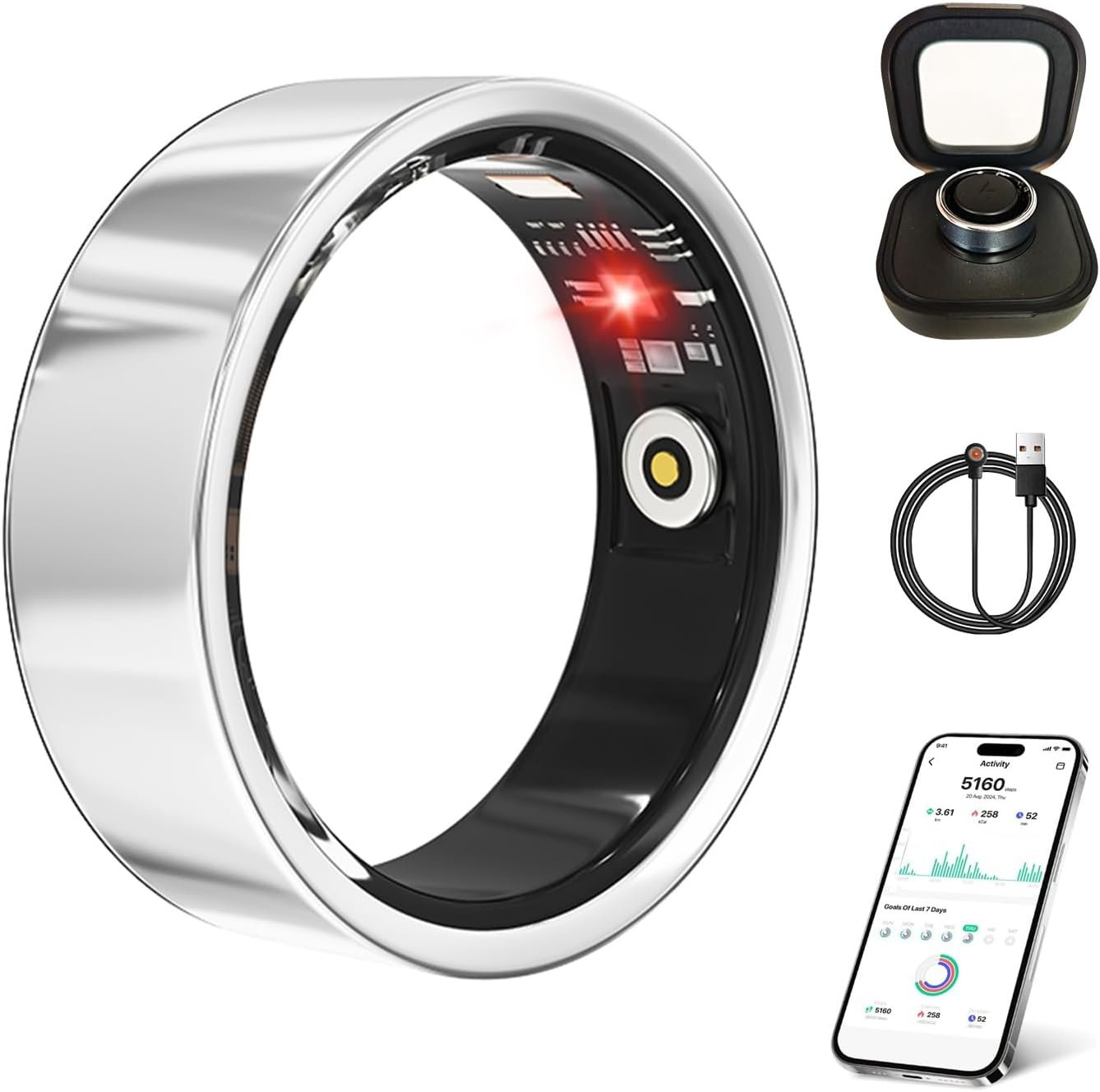 Smart Ring for Women Men Health Tracker Ring No APP Fee 7-Day Battery Life IP68 Waterproof Sleep Step Monitor (Silver, 9)