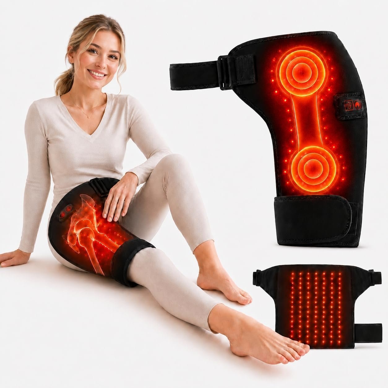 Hip Therapy Belt for Men & Women, Wearable Wrap for Hip, Lower Back, Buttock & Upper Thigh Comfort, Cordless Red Light Heating Pad with Vibration, 5000mAh Rechargeable Battery and Adjustable Fit