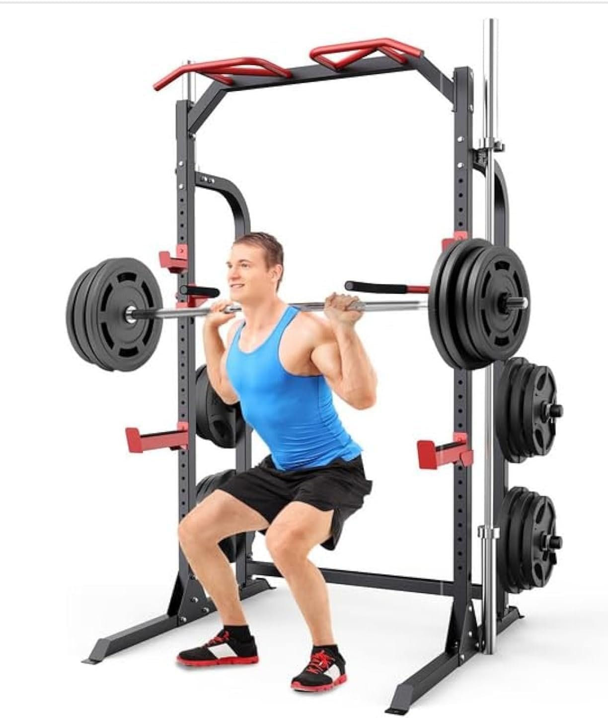 SunHome Power Cage Squat Rack, Power Rack with Pulley System, Adjustable Cable Crossover System, J-Hooks, Dip Handles, Weight Plate Storage