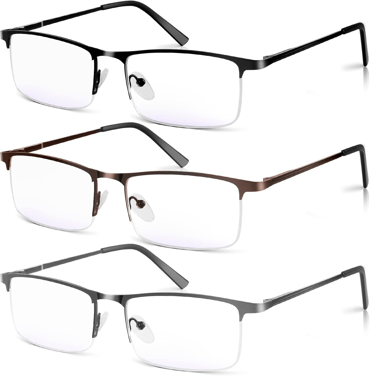 Blue Light Blocking Reading Glasses ,Men Half Frame Metal Computer Readers | 1.5 Black/Grey/Brown 3 Pack Stylish Spring Hinge Eyeglasses for men Blue Light Filter Anti Eyestrain/Glare/UV,reading