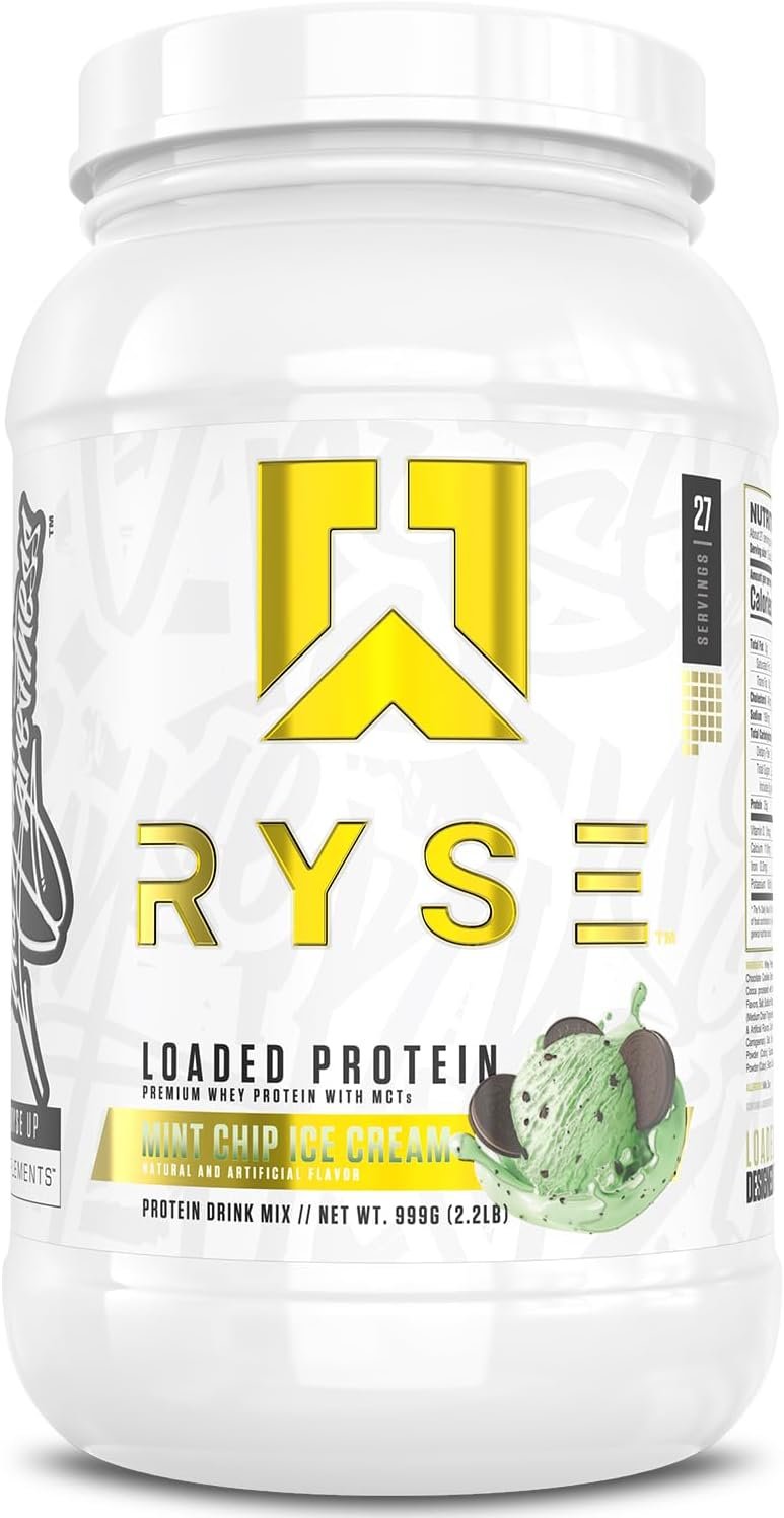RYSE Loaded Protein Powder – Mint Chip Ice Cream – 25g Whey Protein Isolate & Concentrate with Prebiotic Fiber & MCTs – Low Carb, Low Sugar, Digestive-Friendly – 27 Servings / 2 lb Tub