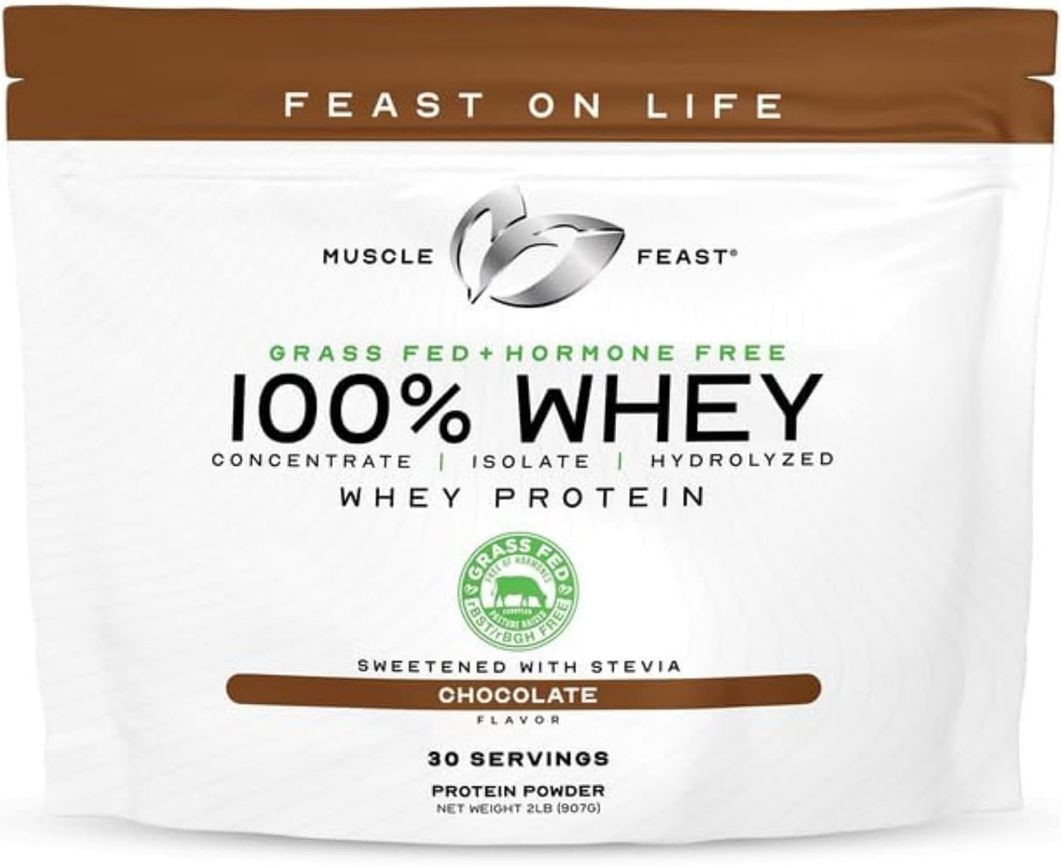 Muscle Feast 100% Grass Fed Whey Protein Powder Blend, Chocolate (2lb) | Whey Concentrate, Isolate & Hydrolyzed Protein Powder, All Natural, Hormone Free Pasture Raised Whey Protein for Women & Men