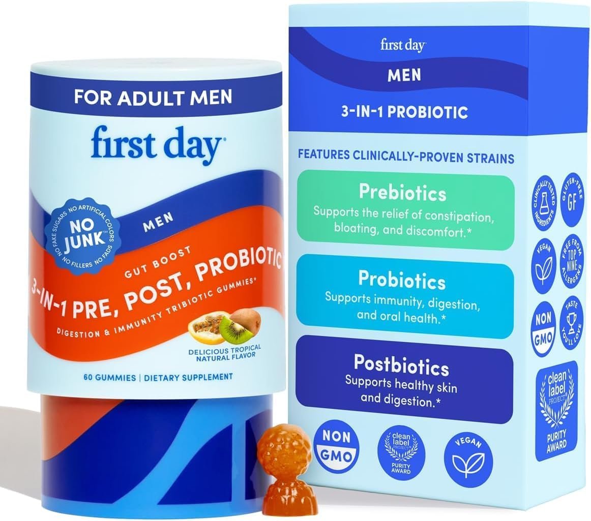 FIRST DAY Pre and Probiotics for Men, 3-in-1 Prebiotic + Postbiotic, 60ct