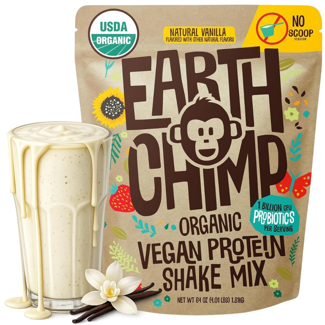 EarthChimp Organic Vegan Protein Powder – with Probiotics – Non GMO, Dairy Free, Non Whey, Plant Based Protein Powder for Women and Men, Gluten Free – 52 Servings 64 Oz (Vanilla) No Scoop