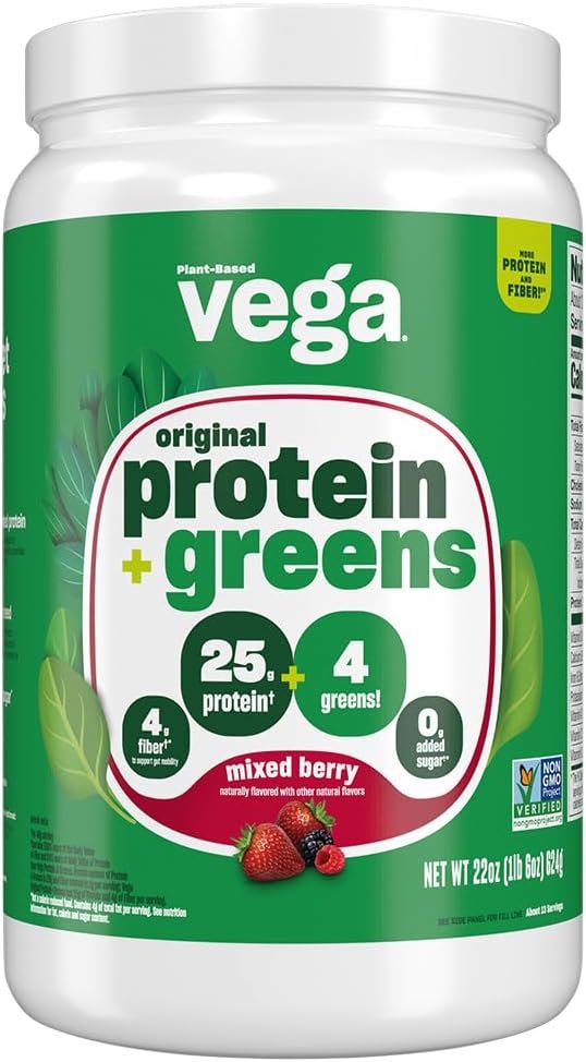 Vega Protein and Greens Protein Powder, Berry – 20g Plant Based Protein Plus Veggies, Vegan, Non GMO, Pea Protein for Women and Men, 1.3 lbs