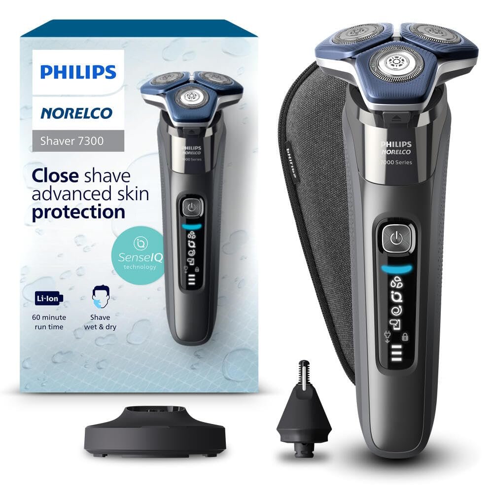 Philips Norelco 7300 Electric Shaver, Black | 45 SteelPrecision Blades, SenseIQ Technology, Nano SkinGlide coating, 360° Flexible Heads, Nose Trimmer, S7887/92