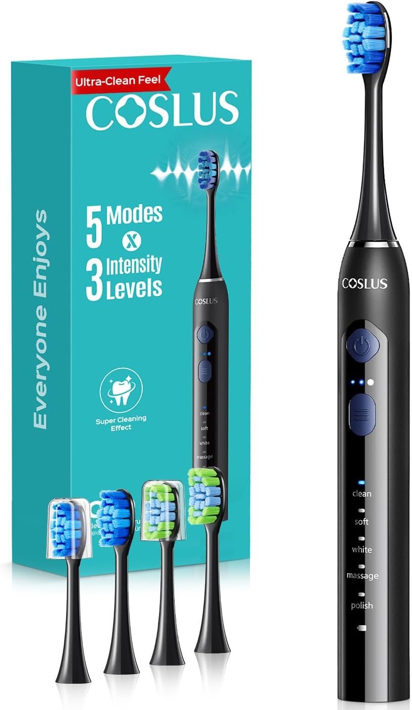 COSLUS C30 Electric Toothbrush for Adults, Effective Yet Gentle Ultra-Clean | 3 Intensities & 5 Modes, 2 Types Soft or Medium Firm Heads, Daily Care, Compact for Travel Home Family Use, 1PC, Black