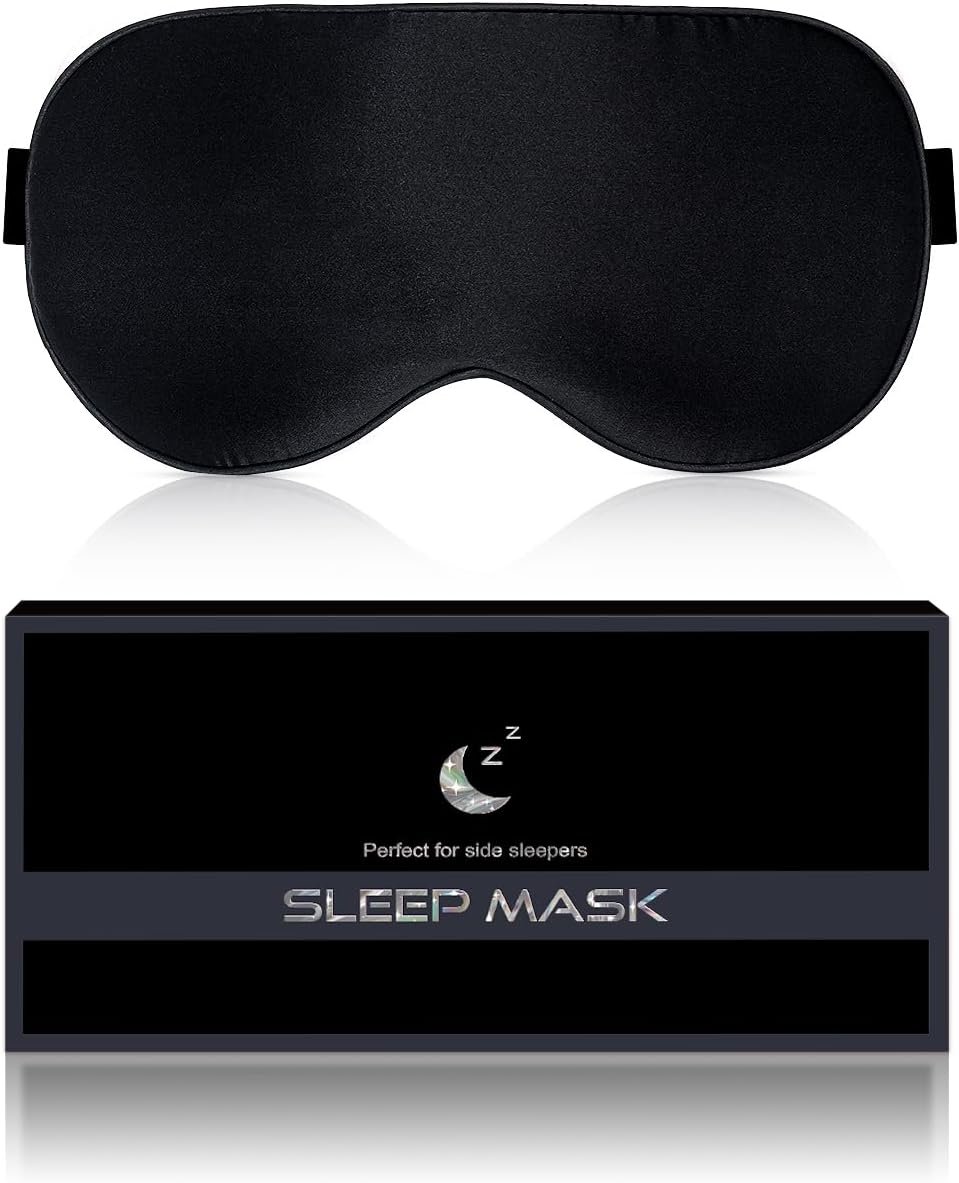 Silk Sleep Mask for Women and Men – Soft Breathable Organic Natural Mulberry Silk Fabric Blackout Eye Mask with Adjustable Straps No Pressure Eye Mask for Travel Essentials Gifts (Black)