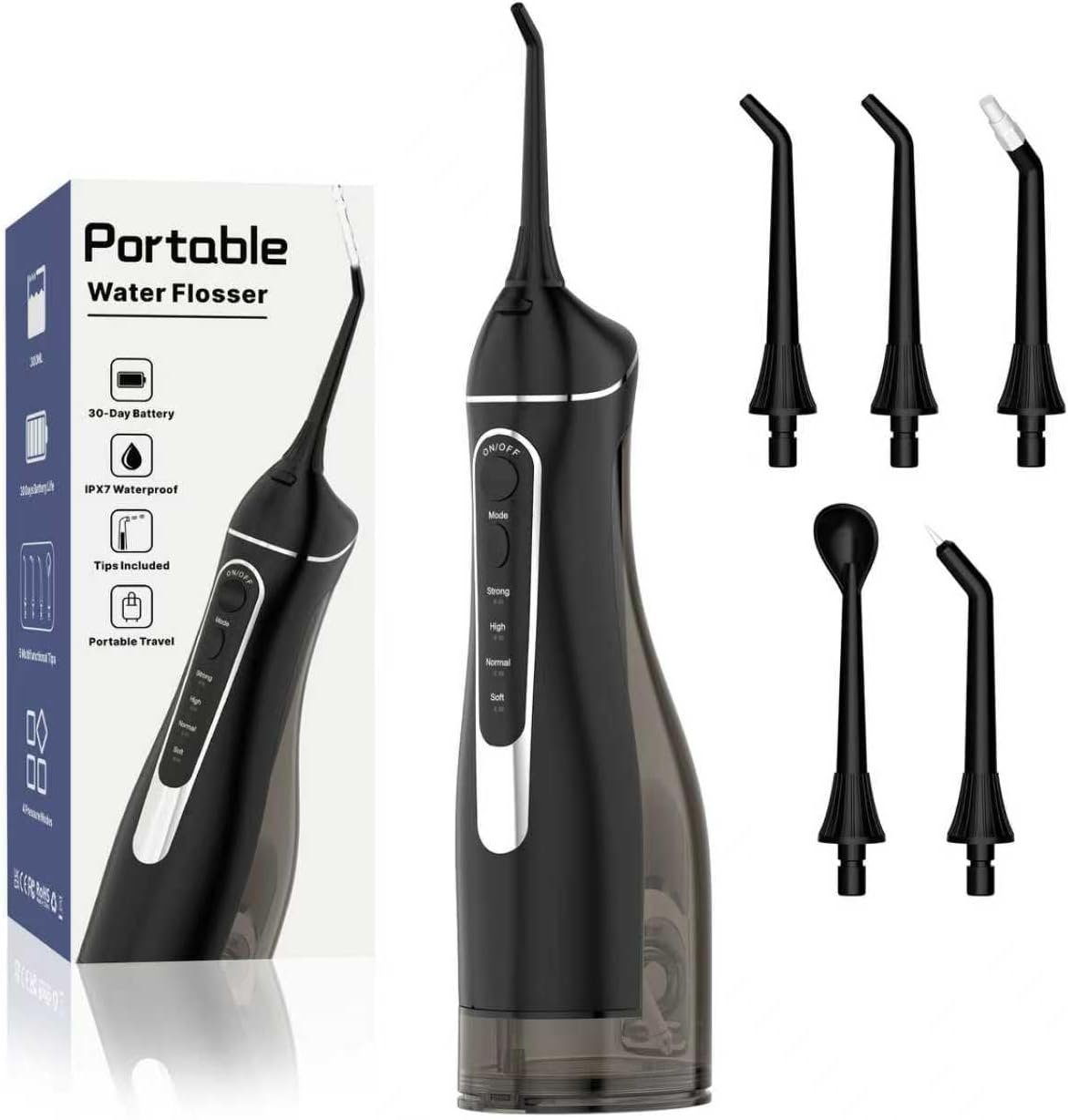 Cordless Portable Water Flosser with 300ML Tank: Rechargeable Oral Irrigator with 5 Tips for Travel, Braces Care and Sensitive Gums, IPX7 Waterproof Teeth Cleaning Device(Black)