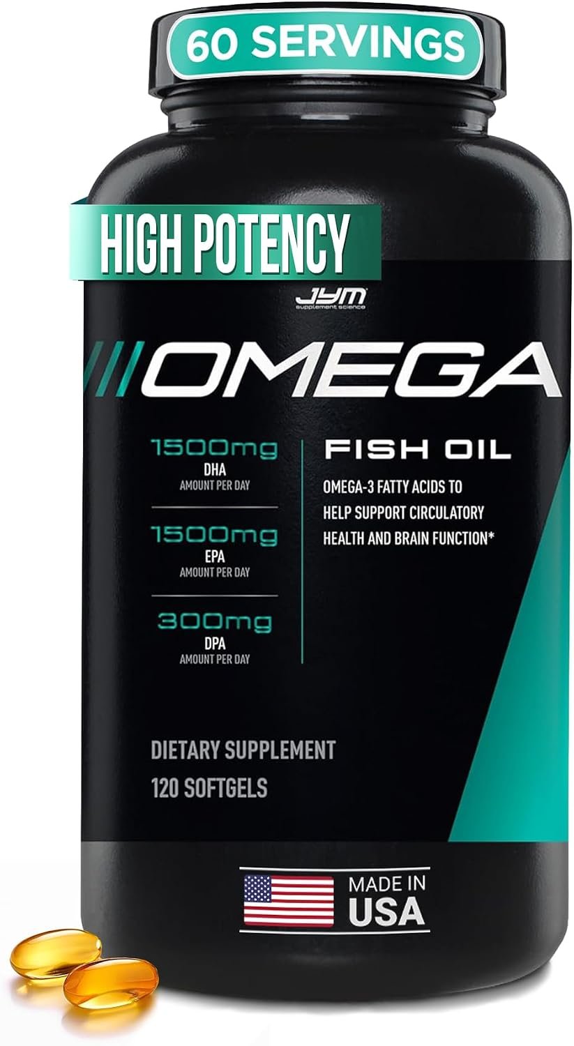 Omega JYM Fish Oil Supplement for Men & Women, EPA, DHA, DPA – 120 Softgels | High Potency Omega-3 Fatty Acids, EPA DHA DPA, Brain Heart & Joint Support, Burpless Softgel Formula