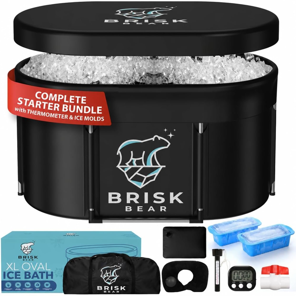 XL Oval Ice Bath Tub for Athletes with Cover by Brisk Bear – Extra Large Cold Plunge Tub for Recovery – Ice Tub with Digital Timer, Thermometer & Reusable Ice Molds – Cold Plunge to Soothe Muscles