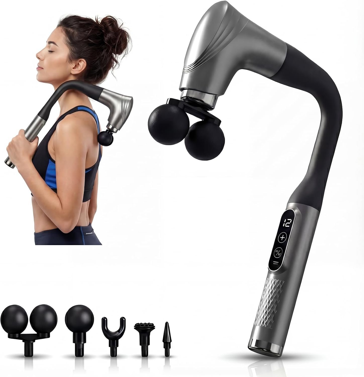 Long Handle Massage Gun for Back and Shoulders, Ergonomic Extended Reach Deep Tissue Massager, U-Shaped Dual Head Percussion Muscle Massager, 12 Speeds with 5 Heads, Quiet & Cordless