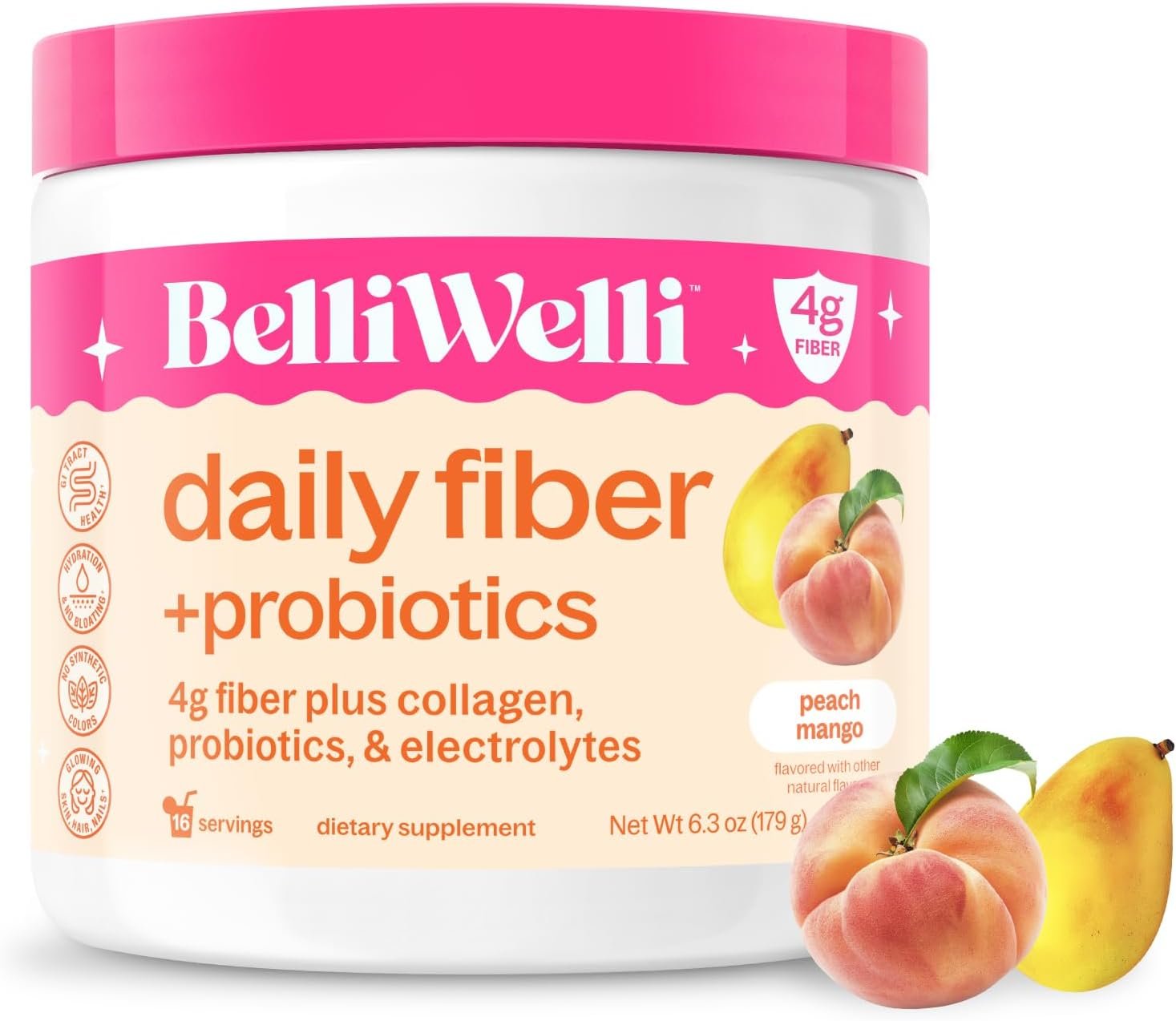 Belli Welli Fiber Supplement Powder with Prebiotics for Digestive Health and GLP-1 Support, Soluble Fiber for Gut Health & Debloat, Keto, Gluten Free, 16 Servings (1 Pack) Peach Mango