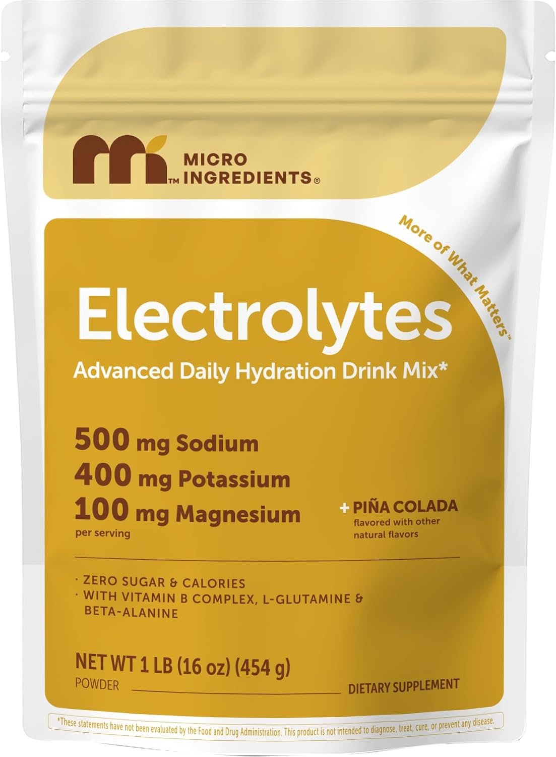 Micro Ingredients Electrolytes Powder, 1 lb | 47 Servings | Sugar Free Workout Hydration | Potassium, Sodium, L-Glutamine, Beta-Alanine, & More | Natural Coconut Water | Pineapple Piña Colada Flavor