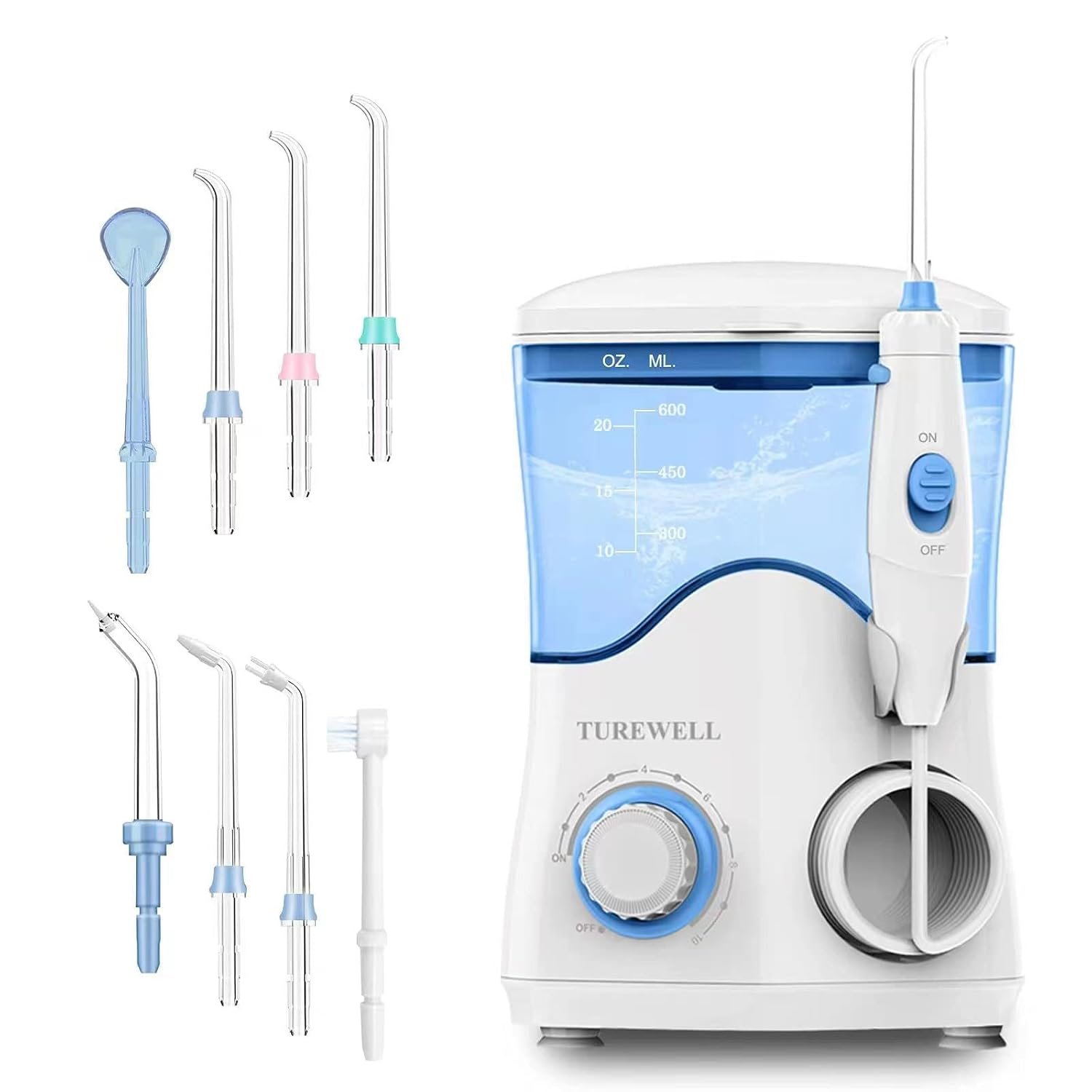 TUREWELL FC162 Water Dental Flosser for Teeth/Braces | 10 Pressure Levels, 8 Water Jet Tips for Family, 600ML Electric Water Dental Oral Irrigator for Teeth-Clean (White)