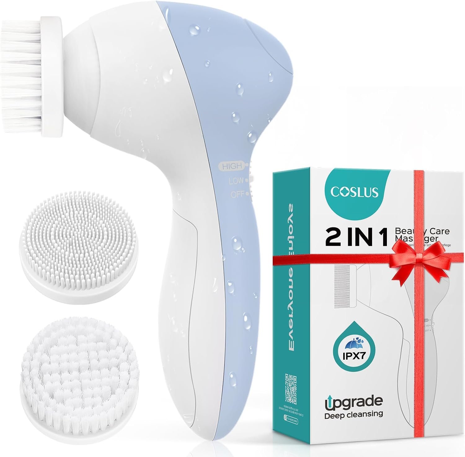 COSLUS Facial Cleansing Brush Face Scrubber, 2-in-1 Rotating Design | Electric Exfoliator Massage Brush for Deep Cleaning, Gentle Skin Care, for Men and Women, Waterproof, Blue, Standard Set