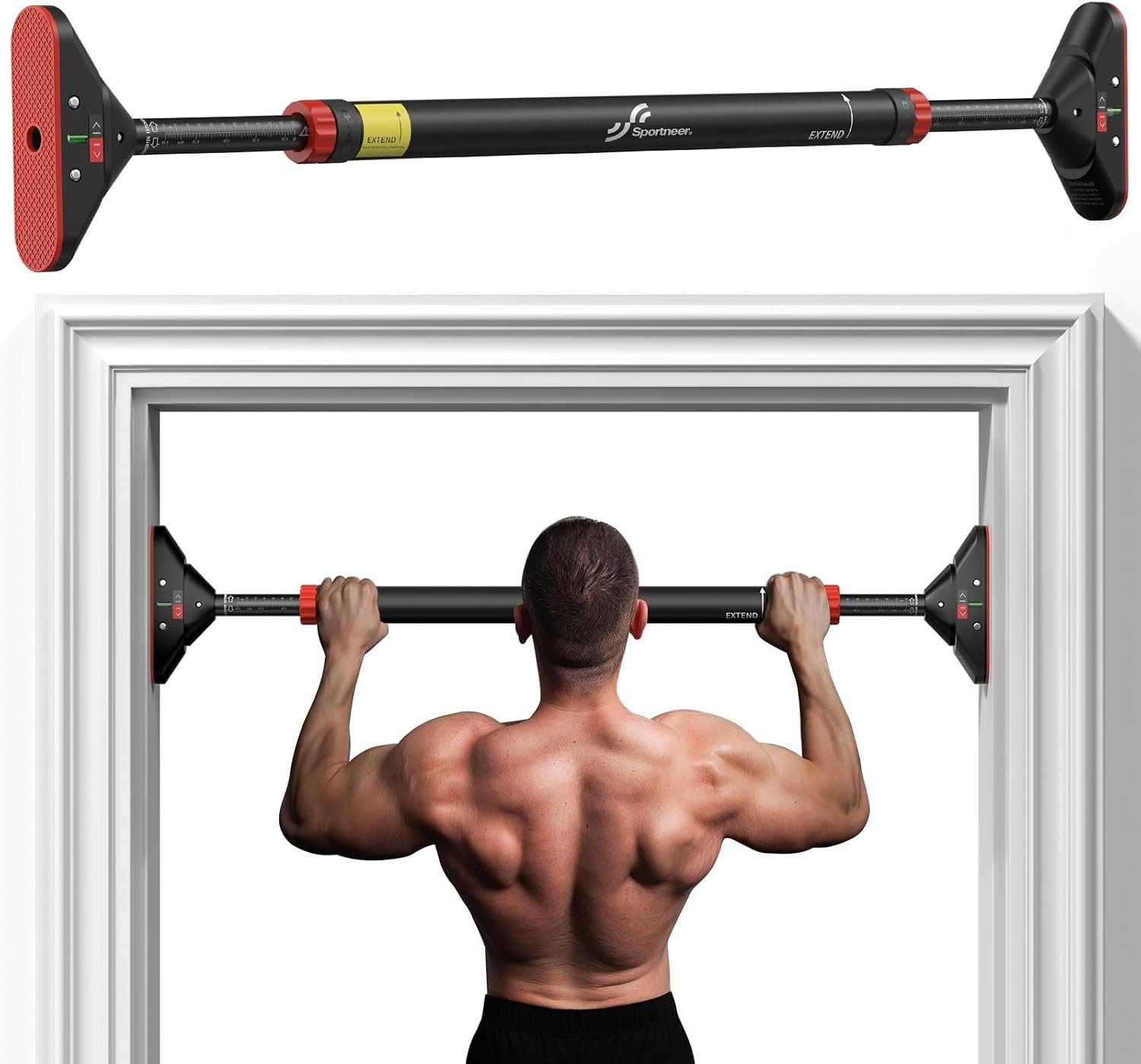 Sportneer Pull Up Bar for Doorway, No-Drill, Adjustable 29.5-37 in, 440 lb | Doorway Fit, No-Drill, Secure Lock, Adjustable, 440 lb, Home Gym Upper Body Workout,Strength Training