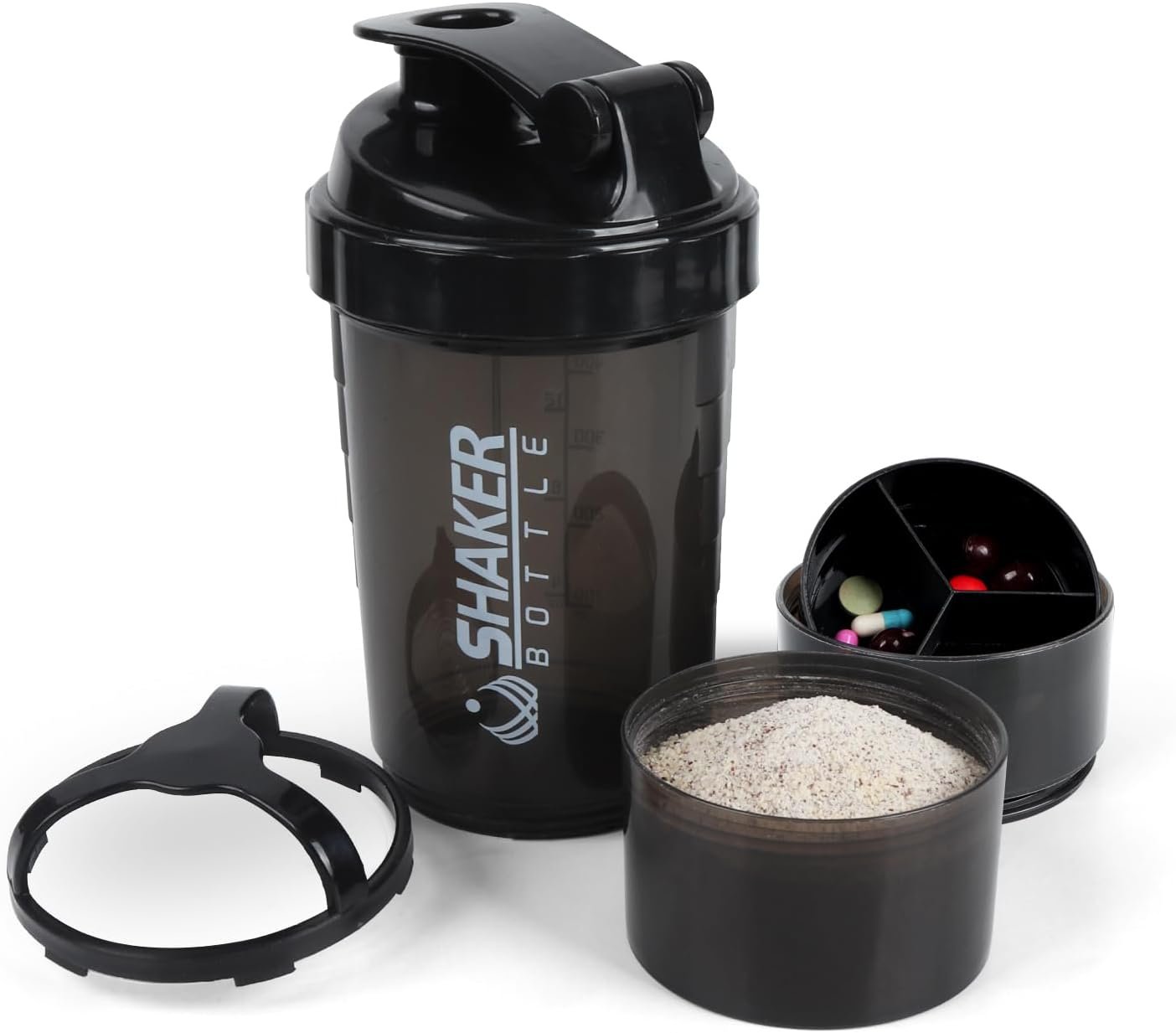 16 oz Protein Shaker Bottle with Storage Compartments & Mixing Ball | Leakproof shaker cup with built-in storage and mixer for smooth protein shakes.Ideal for for workouts and travel,Black