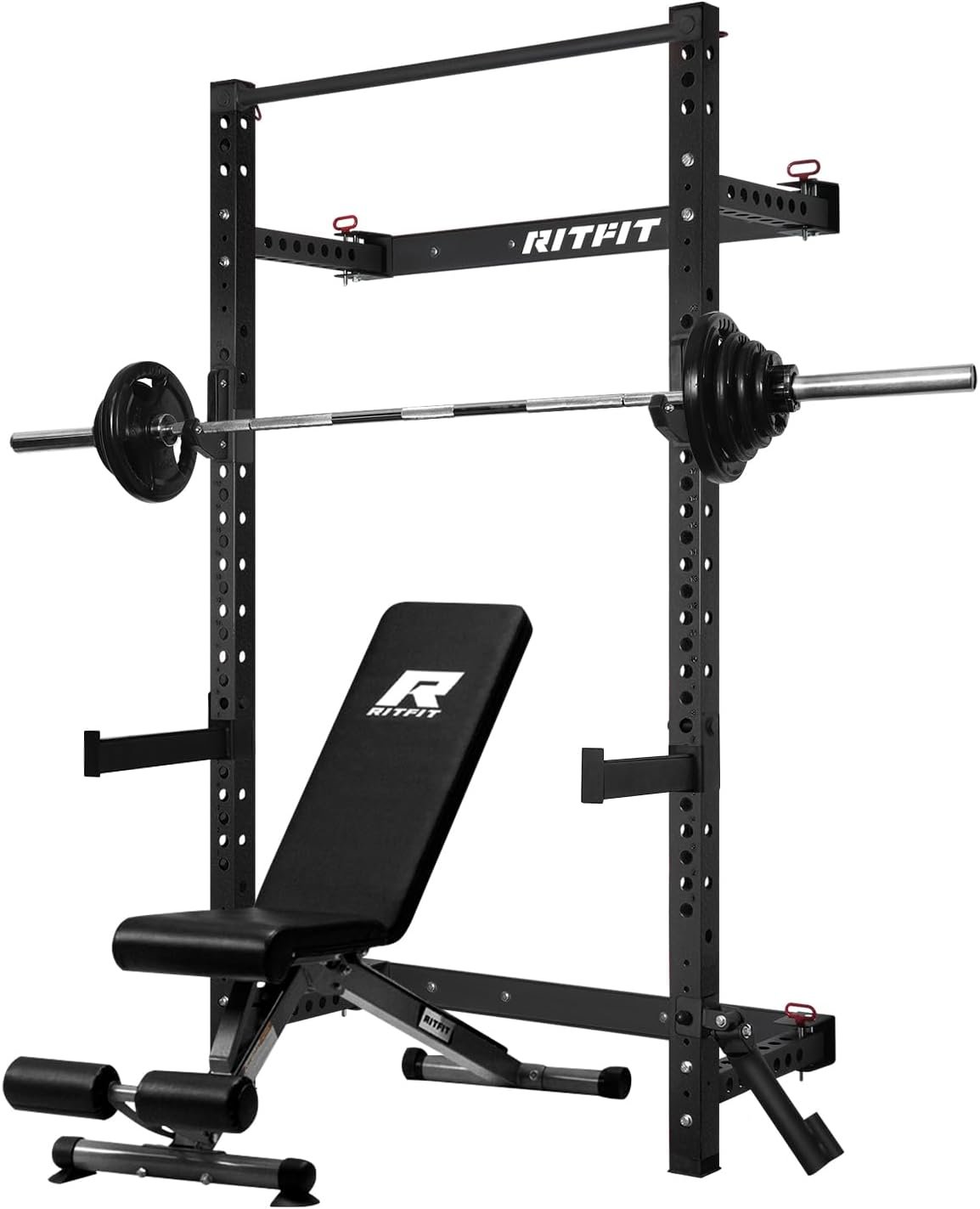 RitFit 2.36” x 2.36” Folding Squat Rack for Home Gym, Wall Mounted Squat Rack with Attachments – Space Saving Squat Power Rack
