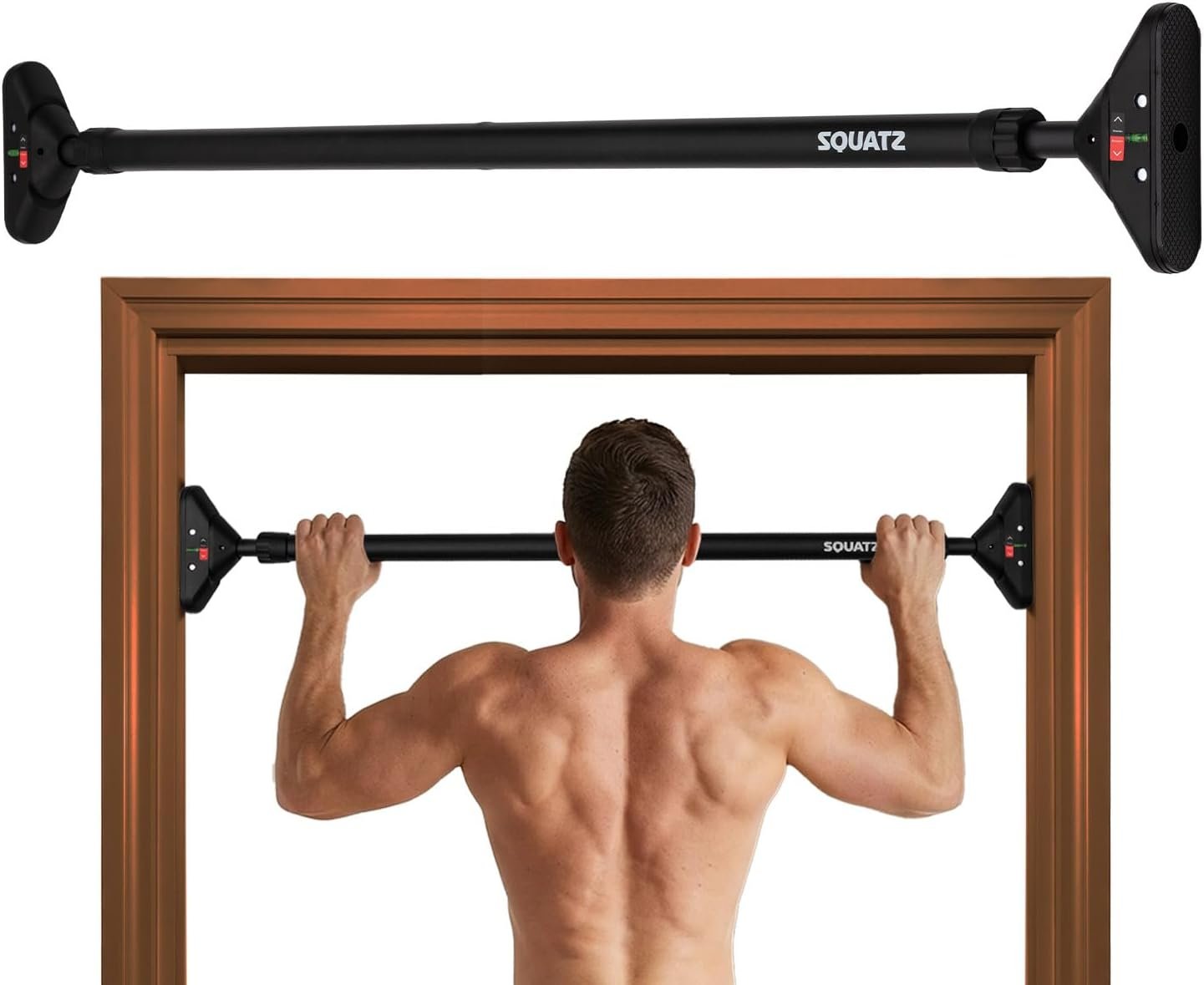 Doorway Pull Up Bar, Adjustable Door Frame Pull Up Bar with Level Meter, Locking Mechanism & Foam Grips, No Drill Chin Up Bar for Door Frame, Portable Design for Home Workouts
