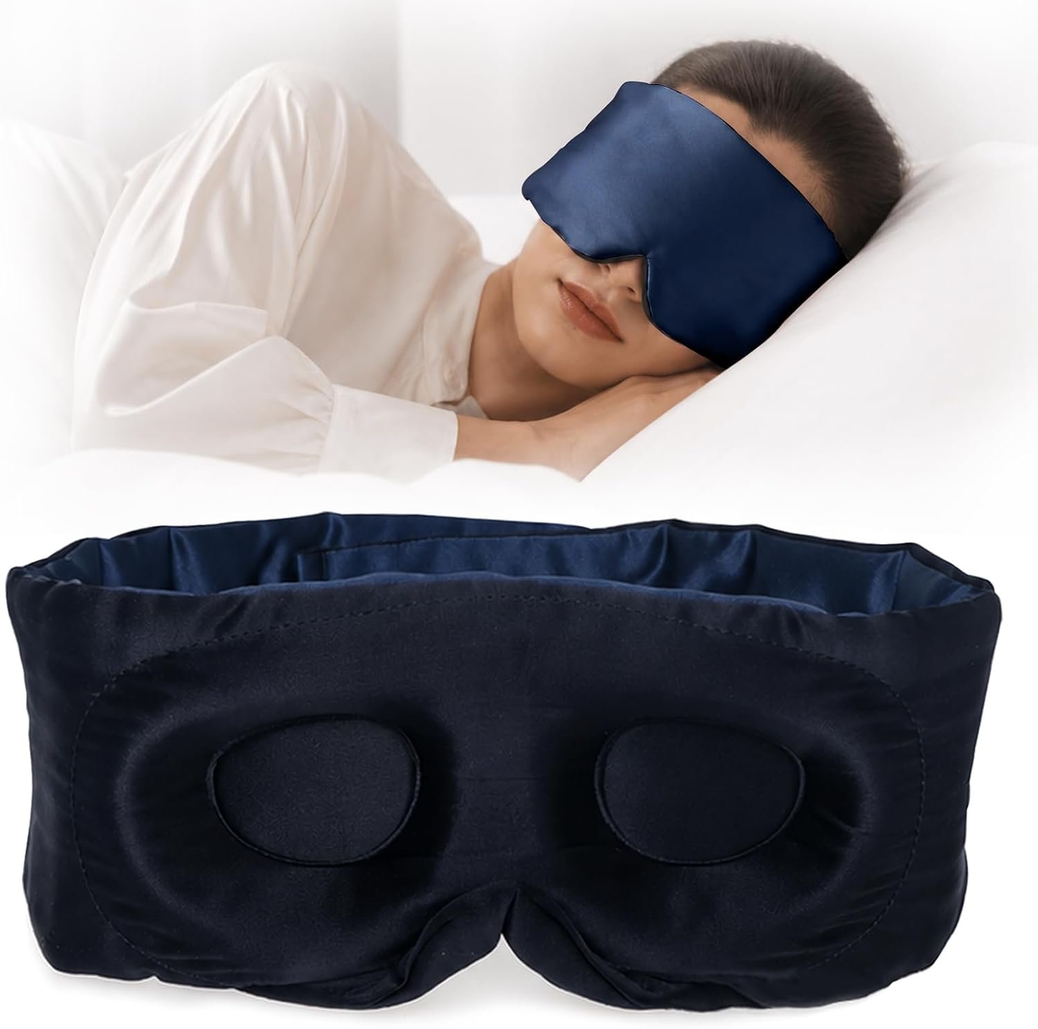 22 Momme Mulberry Silk Sleep Mask for Side Sleepers, Dark Blue | Wide Face-Hugging Eye Mask for Total Blackout, 3D Eye Cups for Lash Extensions, Soft & Breathable Silk, Adjustable Band