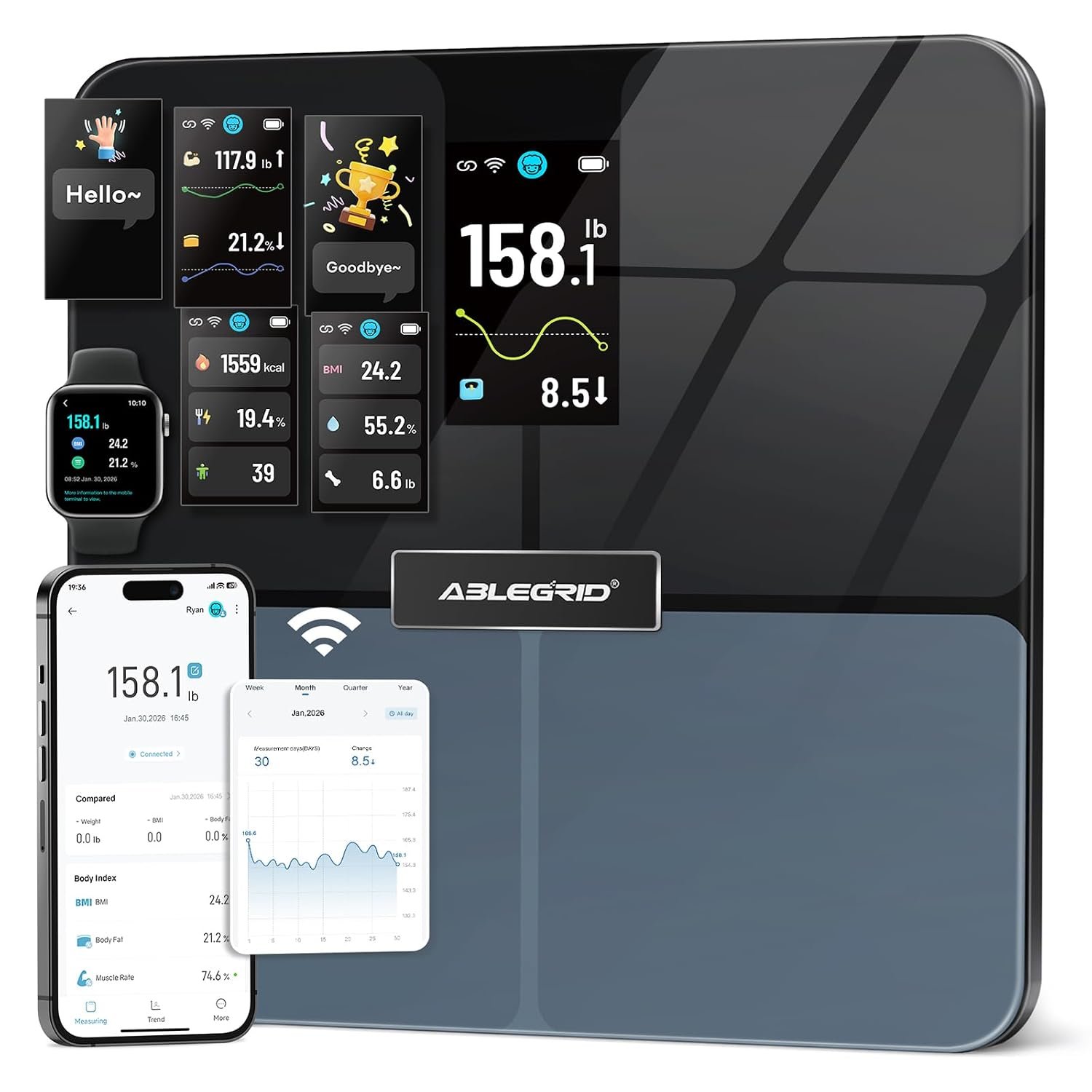 ABLEGRID Smart WiFi Digital Bathroom Scale for Body Weight, Auto-Rotating TFT Display Body Fat Scale with BMI Muscle Mass, 500lb High Capacity, 11.8″ Platform, 20 Accurate Body Compositions via App