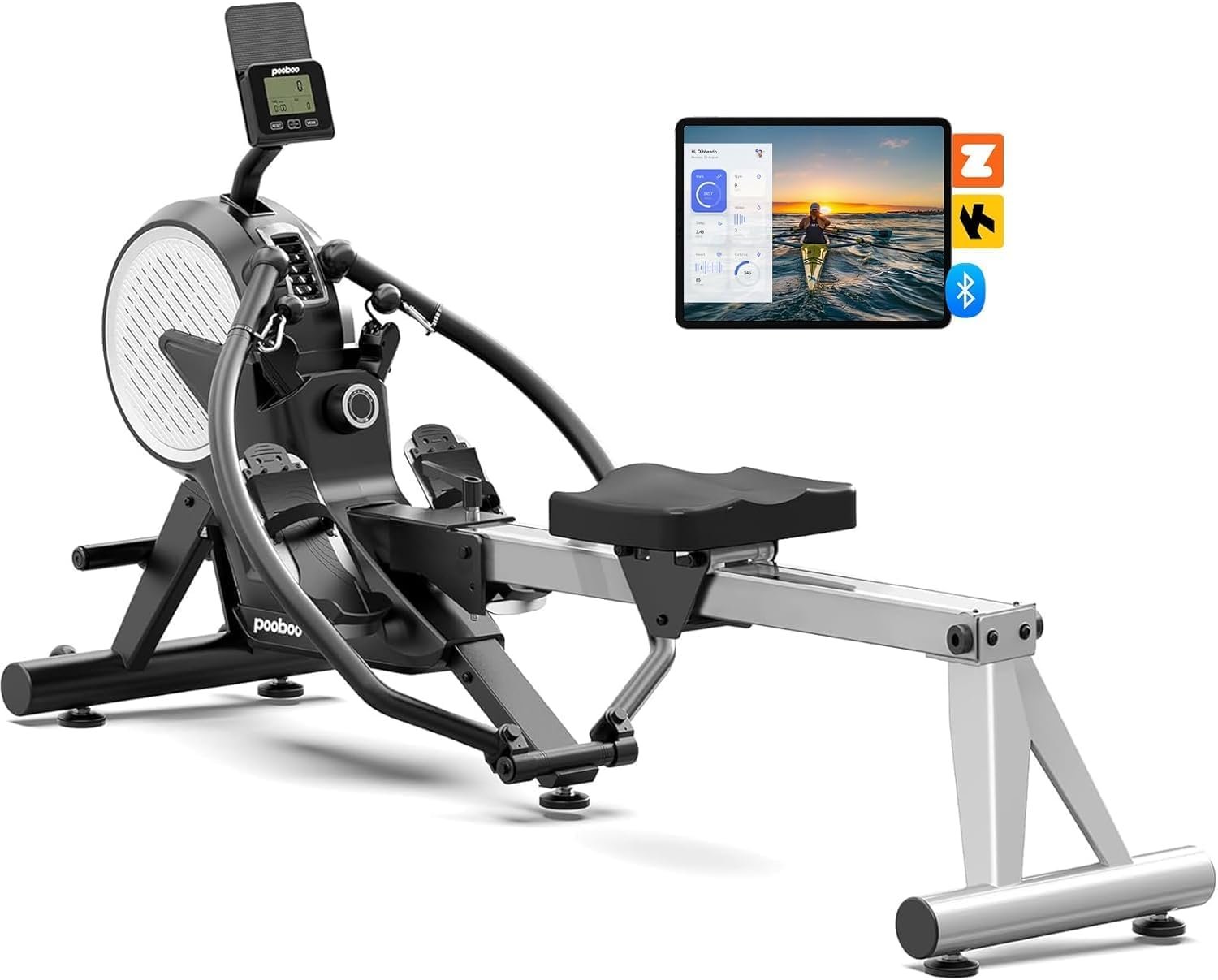 pooboo Dual Scull Rowing Machine with Wind and Magnetic Resistance | Rower Machine with 400 Lb Capacity, 14 Resistance Levels, Foldable Design, Quiet Operation And App Support for Home Workouts