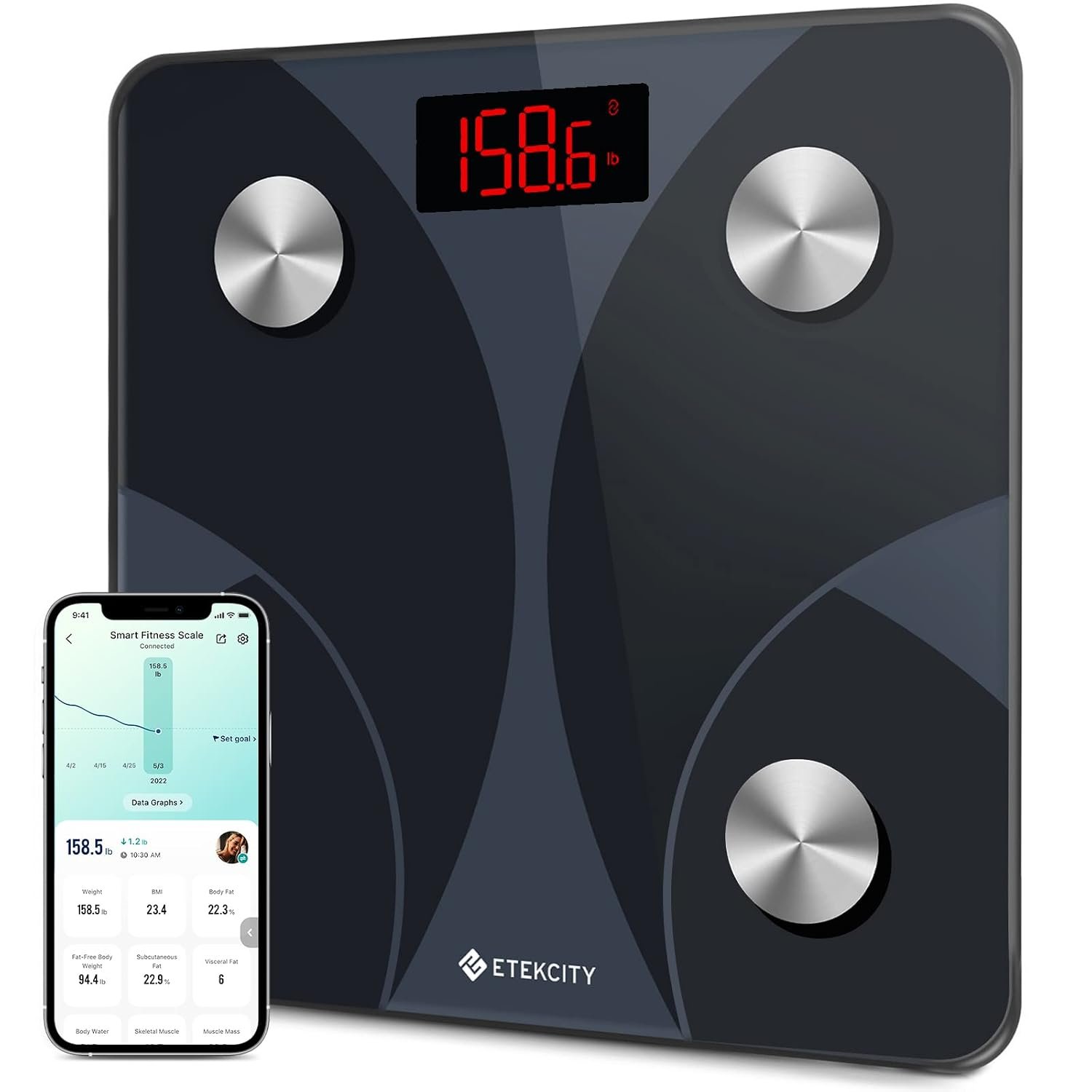 Etekcity Smart Scale for Body Weight and Body Fat, FSA Eligible, Ash-black | HSA eligible, digital bathroom scale tracks body fat, BMI and body composition, with Bluetooth measurements up to 400 lb