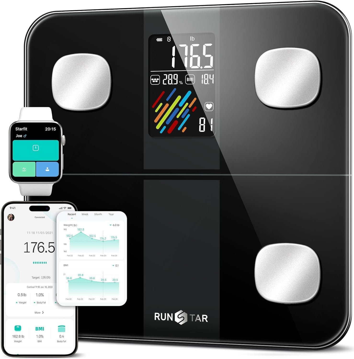 RunStar Smart Scale for Body Weight, High Accuracy Digital Bathroom Scale with Large Display for BMI Muscle Mass Heart Rate, 22 Body Composition Analyzer Sync with Fitness App, 400lb