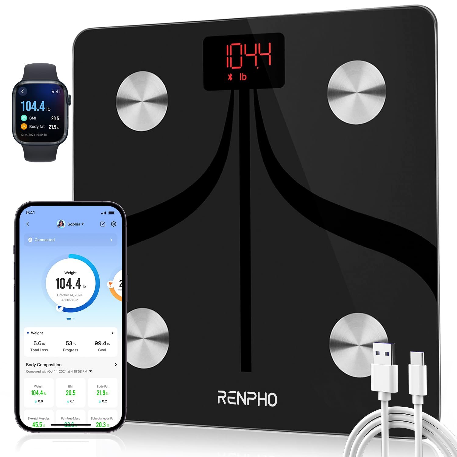 RENPHO Elis 1 Smart Scale, USB-C Rechargeable, 13 Body Metrics, 400lbs | Body Fat Scale with Muscle Mass Tracking, Bluetooth App, Multi-User Support, Weighing Scale for Weight with High Accuracy