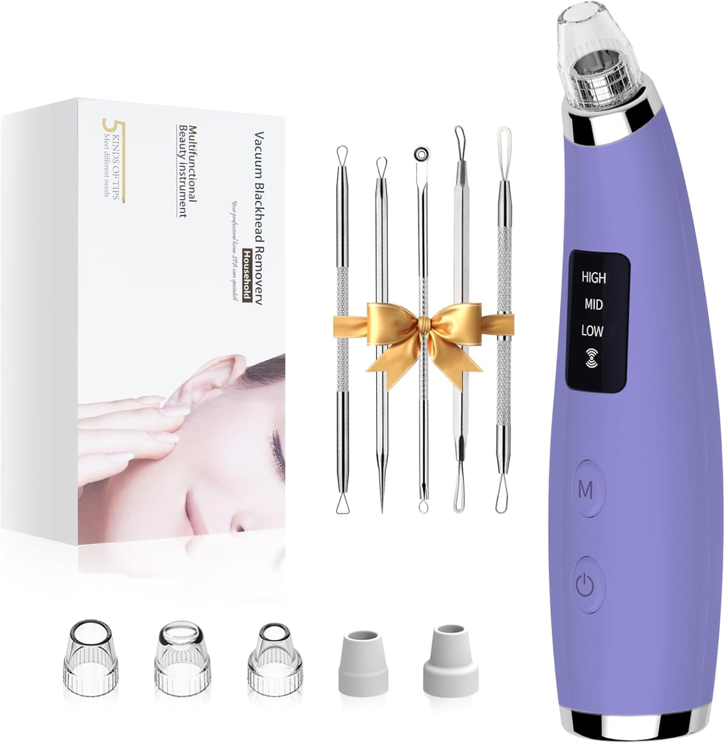 Pore Vacuum Blackhead Remover – Pore Extractor with 5 Attachments & 3 Suction Levels – Blackhead Remover Tools for Women and Men (Purple)