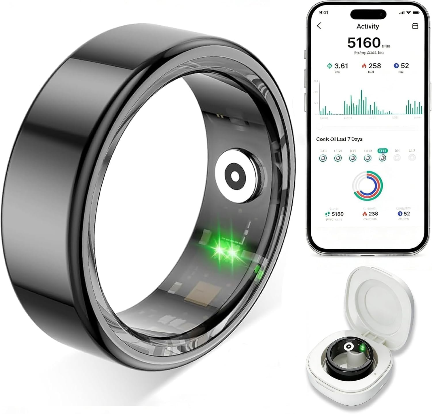 Smart Ring for Women Men,Fitness Tracker Ring with Heart Rate, Sleep Monitoring, Blood Oxygen, Step Counting for iOS and Android, No Subscription Fee, Waterproof (Black,8)
