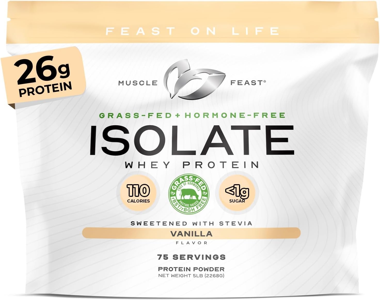 Muscle Feast Grass-Fed Whey Protein Isolate Powder, Vanilla (5lb) | All Natural Hormone Free Pasture Raised, Whey Isolate Protein for Men & Women, Clean, Non-GMO, Delicious Isolate Protein