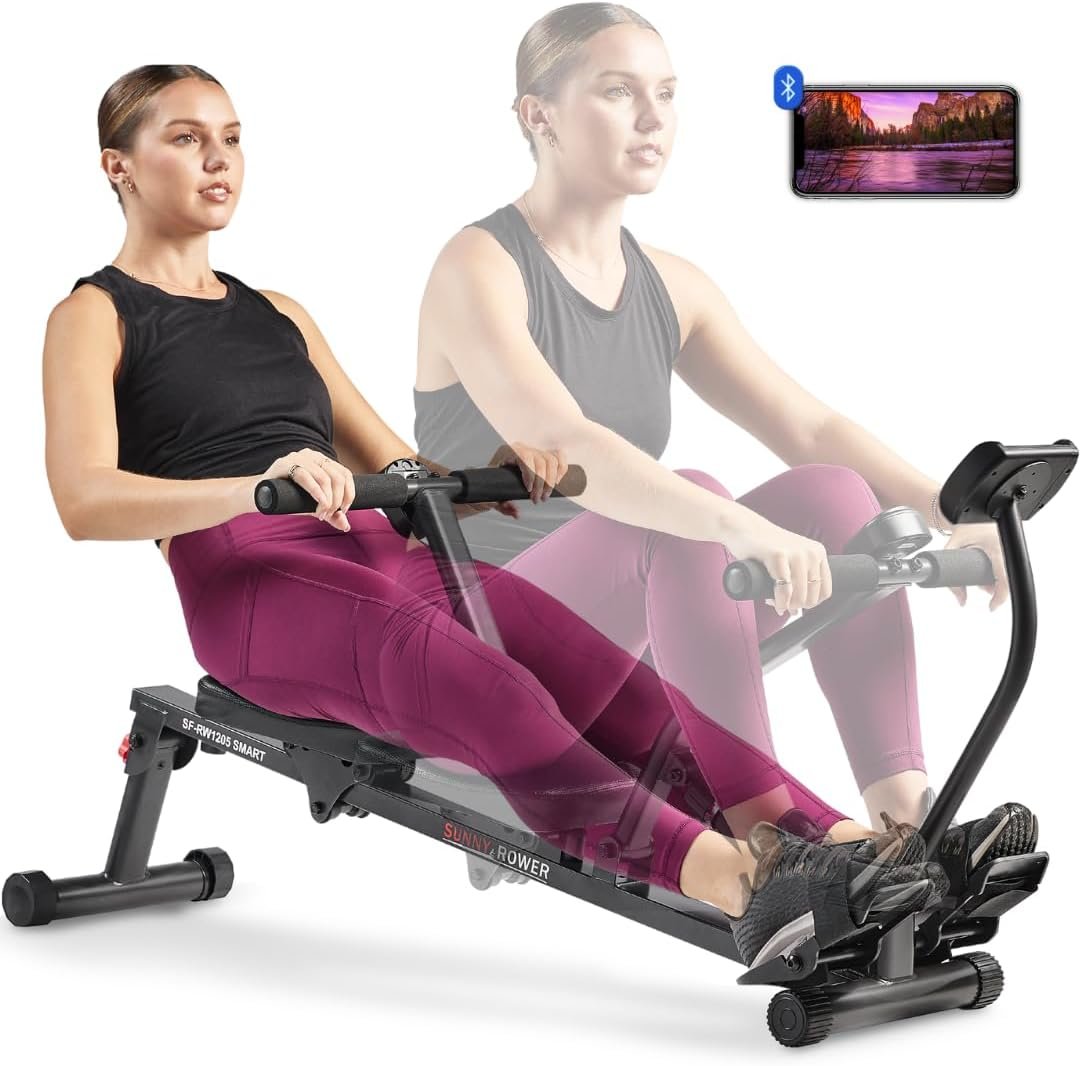 Sunny Health & Fitness Compact Hydraulic Rower with 12-Level Resistance | Full-Body Cardio, Joint-Friendly, Lightweight & Portable, Quiet & Smooth Ride, Easy-Assembly, Free SunnyFit App